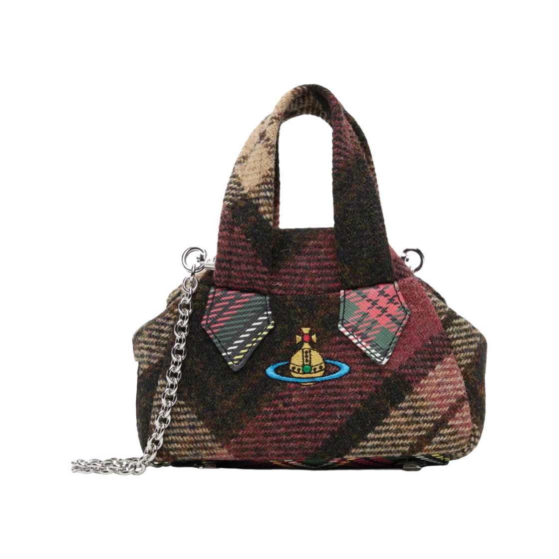 4703000KW-W018D-H201 Vivienne Westwood Harris Tweed Wool Archive Mini Handbag Brown Check