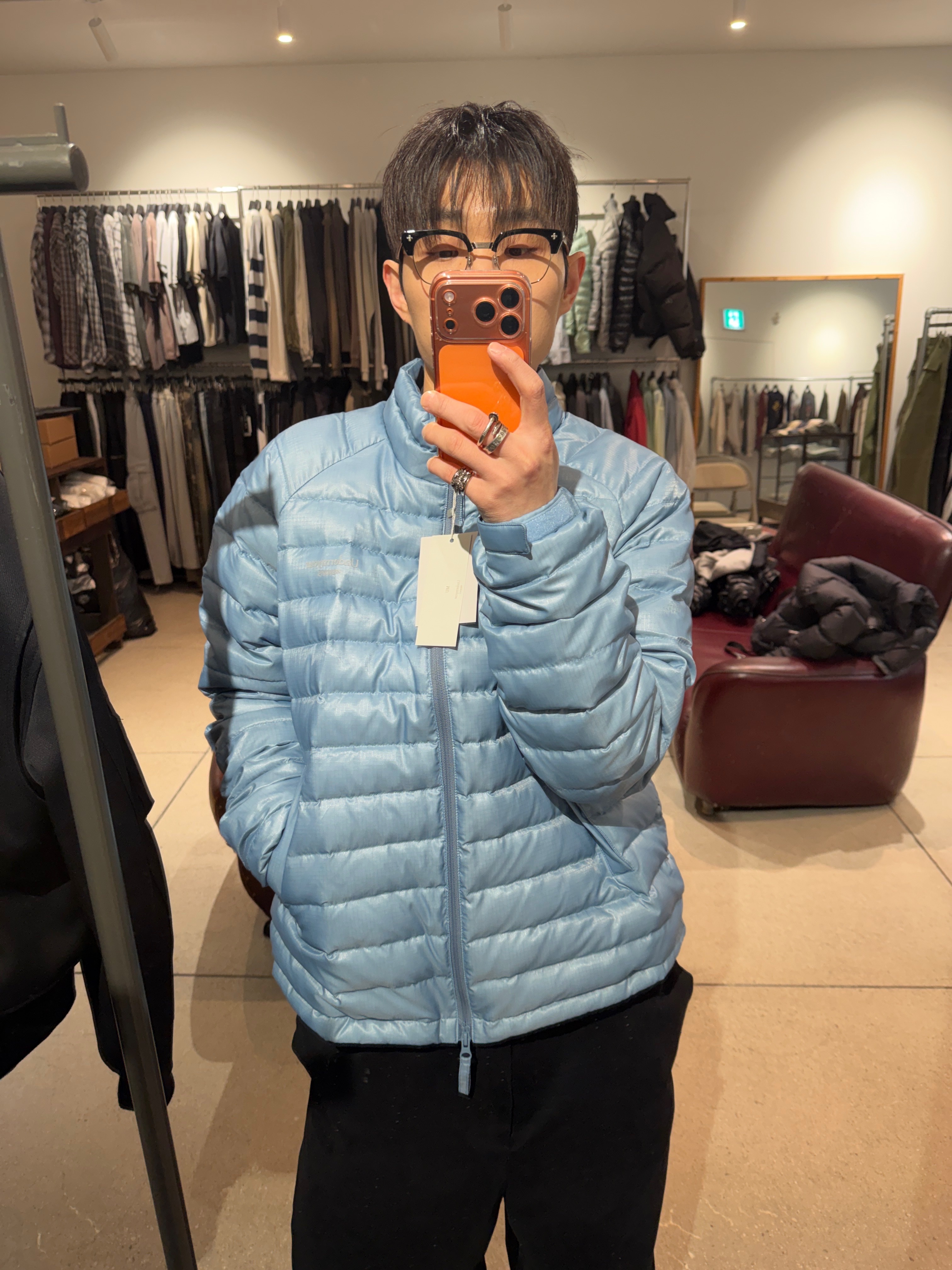 Undermycar Mu.150 Combi Basic Light Down Jacket Pastel Blue, Undermycar Mu.150 Combi Basic Light Down Jacket Silver 착용 스타일 - 1