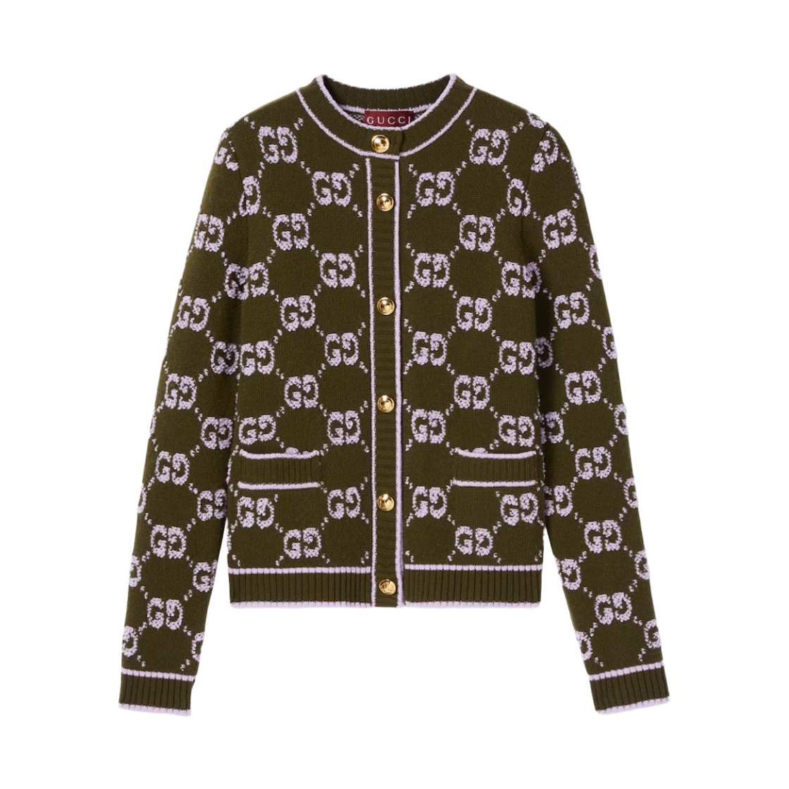 (W) 구찌 GG 울 부클레 자카드 가디건 포레스트 그린 라일락((W) Gucci GG Wool Boucle Jacquard Cardigan Forest Green Lilac)