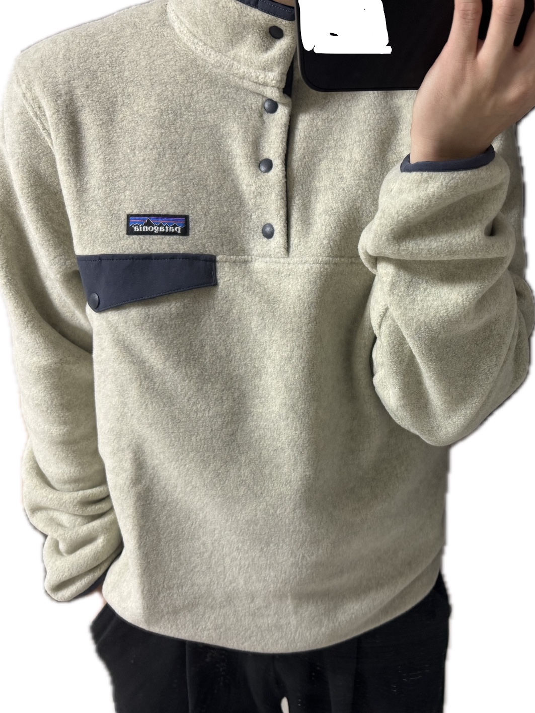 Patagonia Lightweight Synchilla Snap-T Fleece Pullover Oatmeal Heather/Smolder Blue/New Navy 착용 스타일 - 2