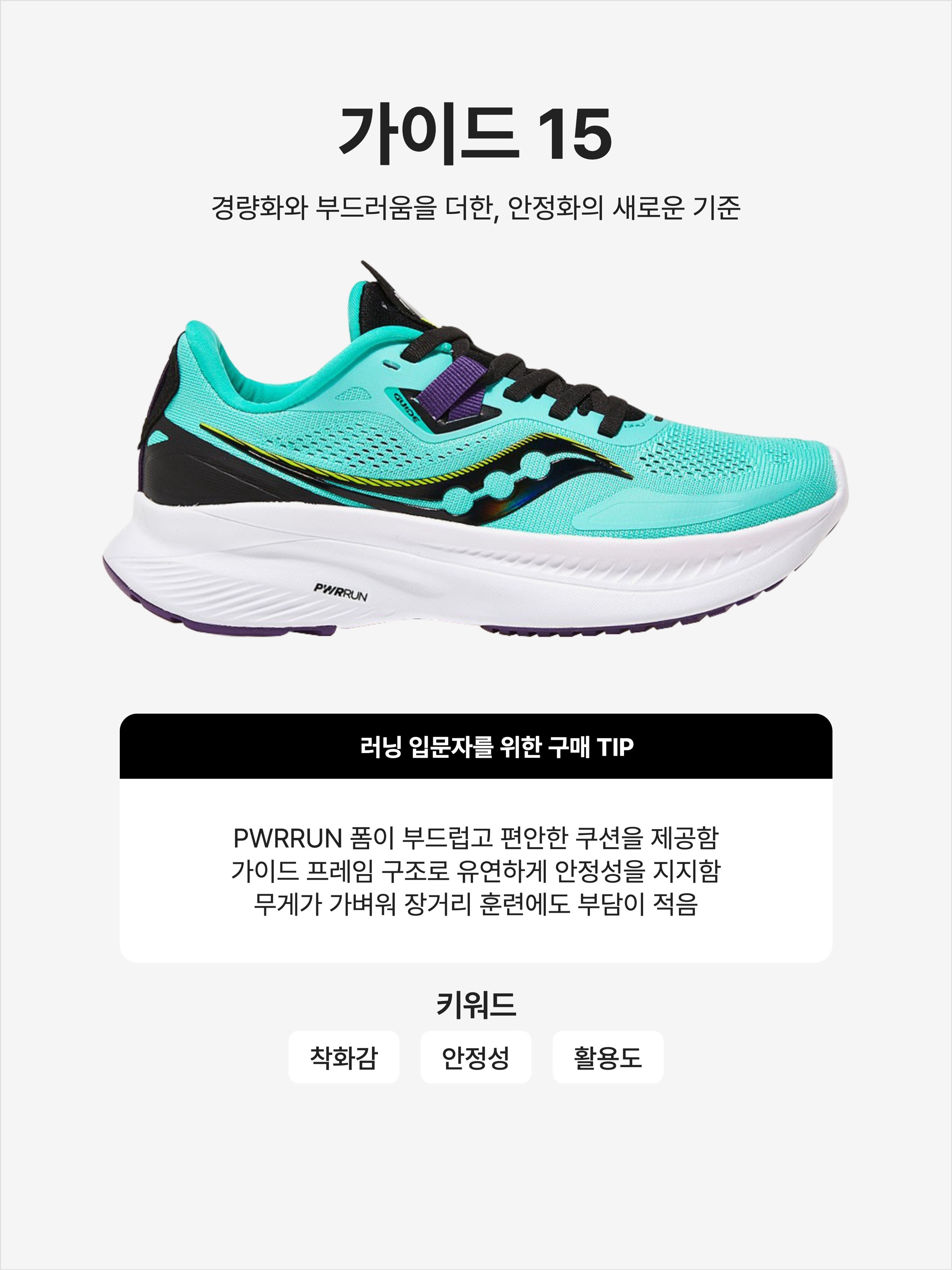 (W) Saucony Guide 15 Cool Mint Acid, Saucony Guide 15 Alloy Topaz 착용 스타일 - 1