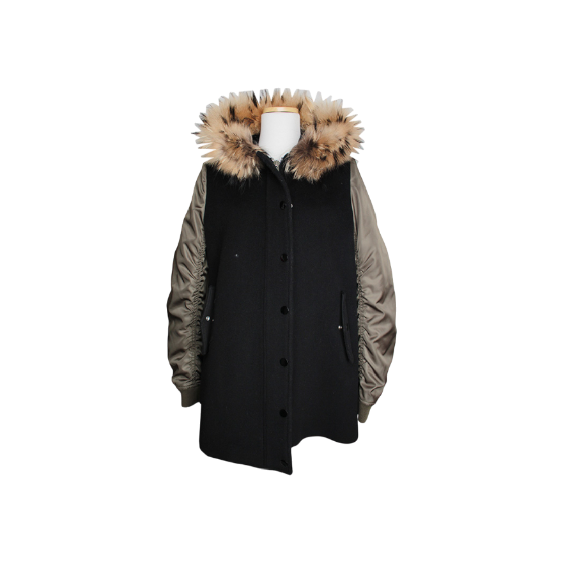 산드로 라쿤 퍼 후드 투톤 울 혼방 코트 44(Sandro Two-Tone Wool Blend Coat with Raccoon Fur Hood, Size 44)