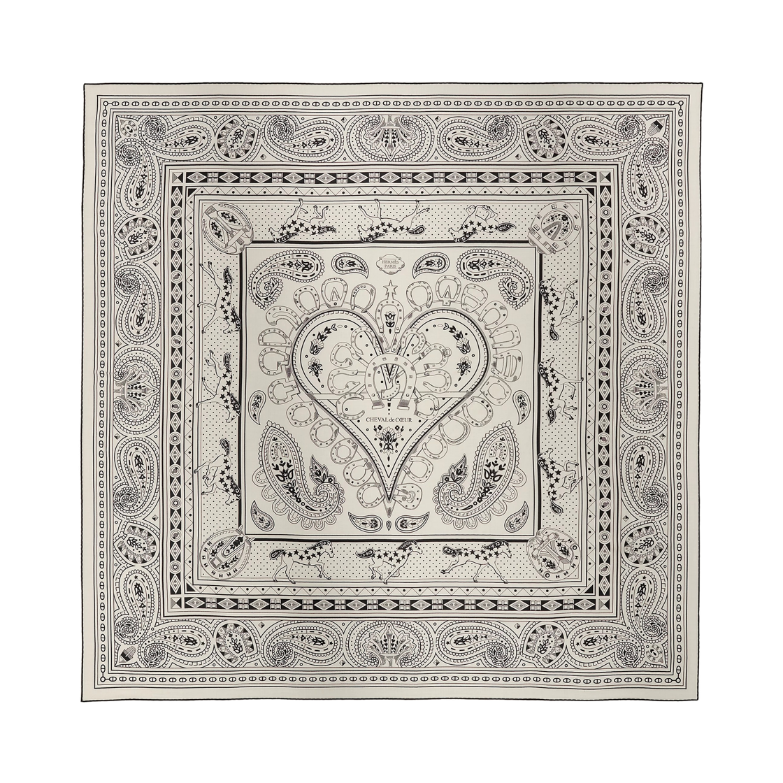 에르메스 슈발 드 하트 반다나 숄 140 블랑 누아(Hermes Cheval De Coeur Bandana Shawl 140 Blanc Noir)