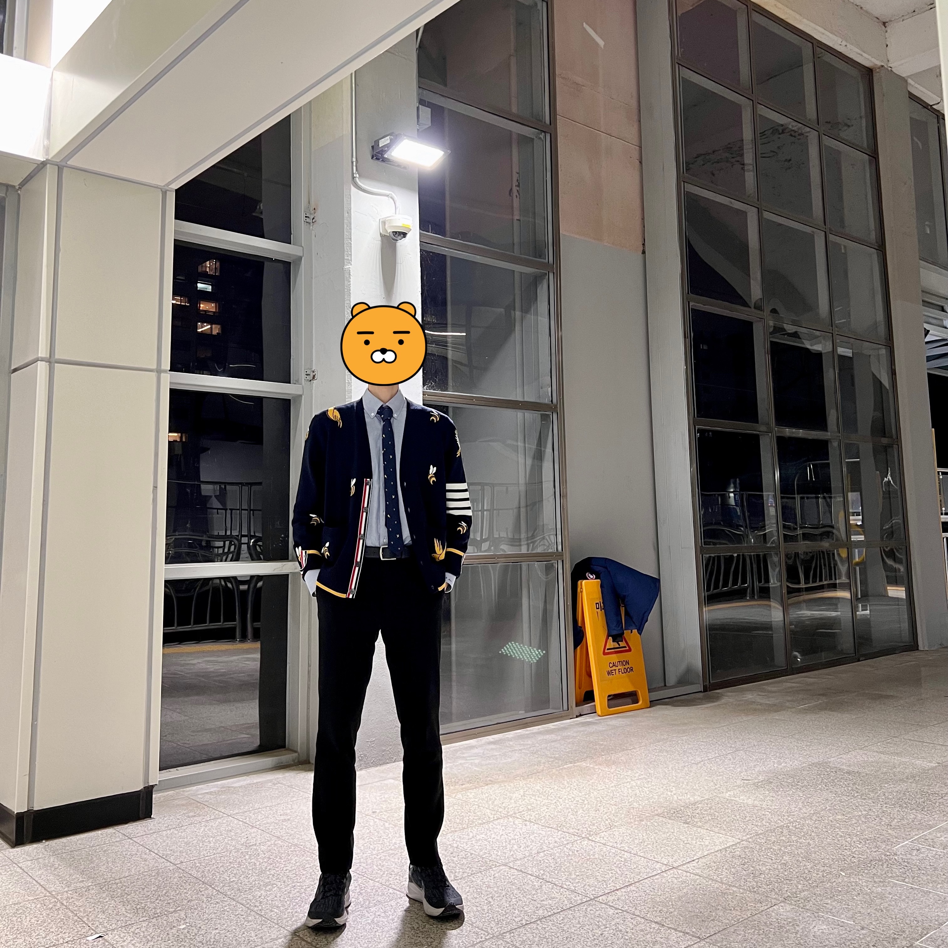 Thom Browne Cotton Merino Birds & Bees 4-Bar V-Neck Cardigan Navy, Thom Browne Shadow Stripe Birds and Bees Jacquard Classic Tie Navy 착용 스타일 - 1