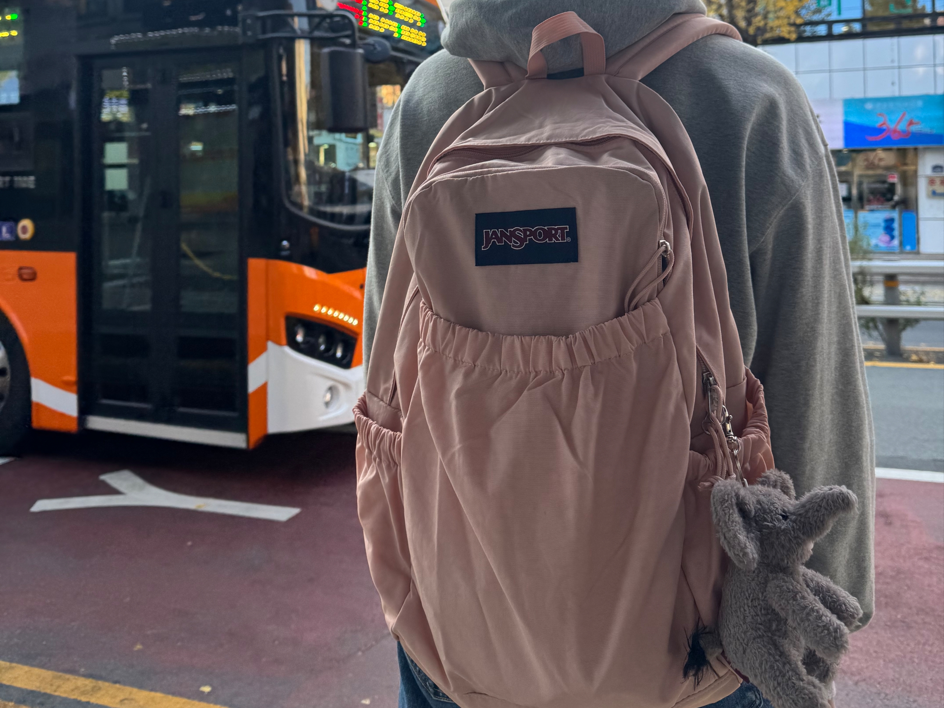Jansport Slouchy Backpack Misty Rose 착용 스타일