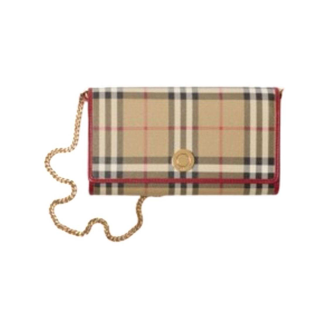 81163211 Burberry Check Chain Strap Wallet Archive Beige Ruby Red