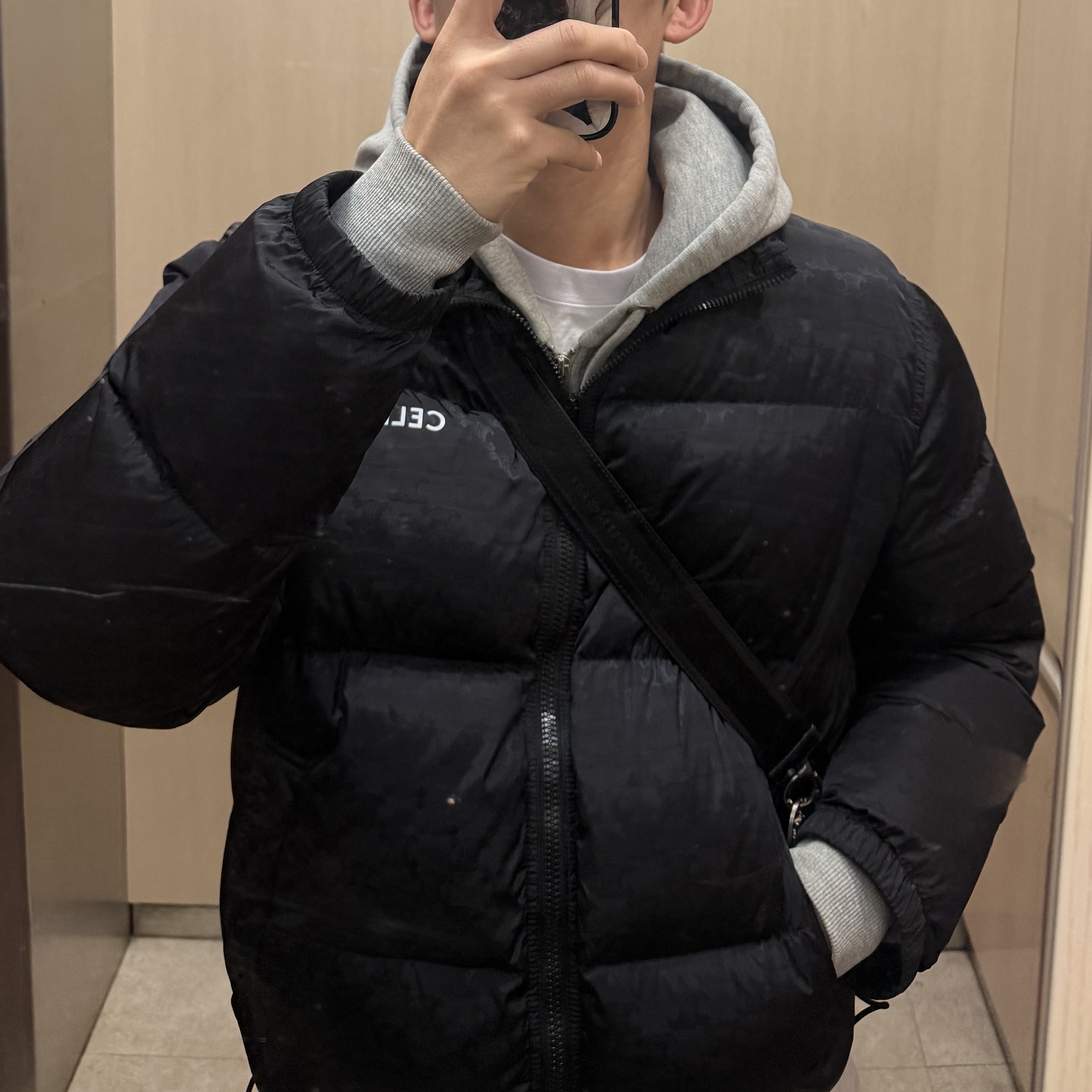 Celine Triomphe Nylon Jacquard Down Jacket Black, AMI de Coeur Loopback Oragnic Cotton Fleece Zipped Hoodie Heather Ash Grey 착용 스타일