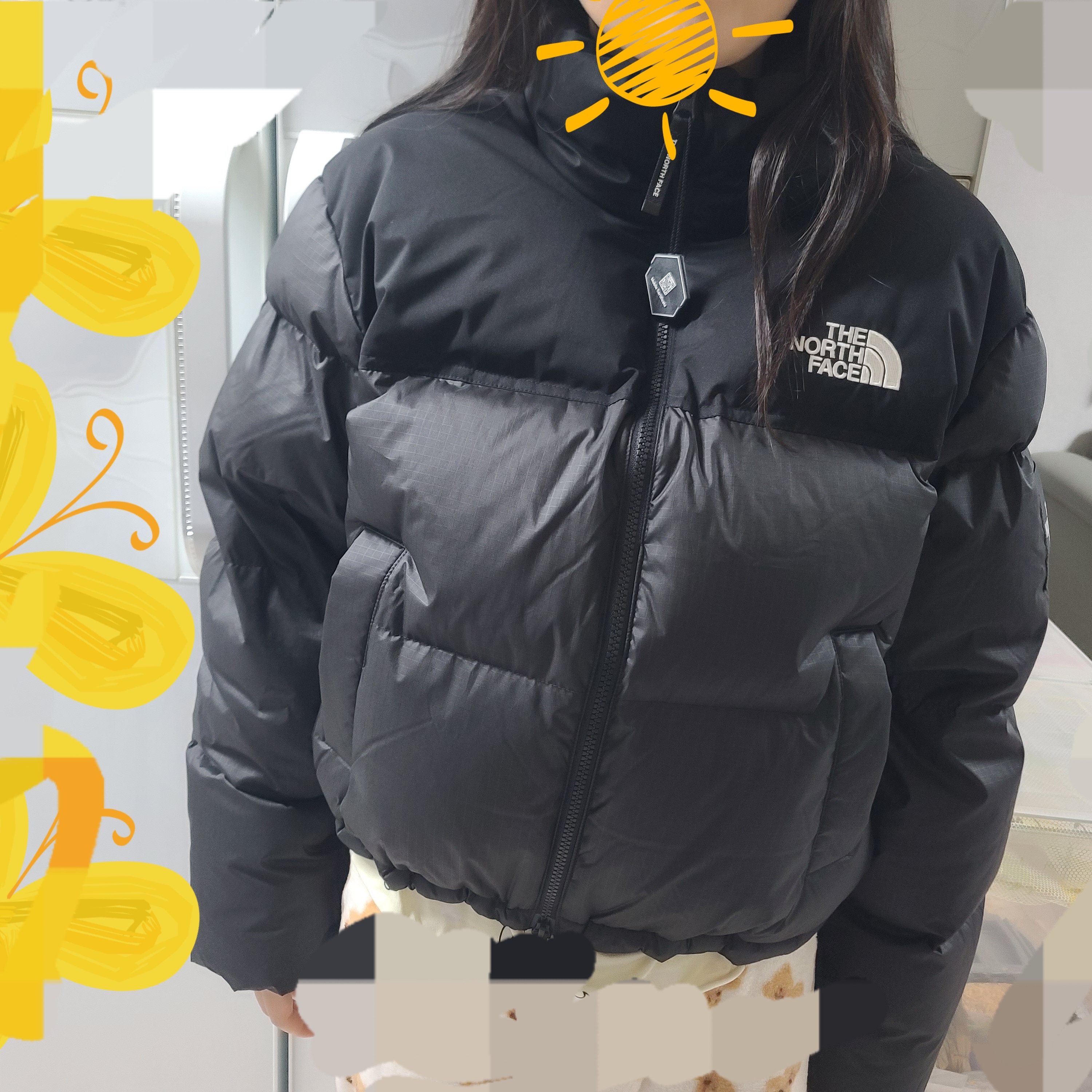 (W) The North Face White Label Novelty Nuptse Down Jacket Real Black 착용 스타일 - 1