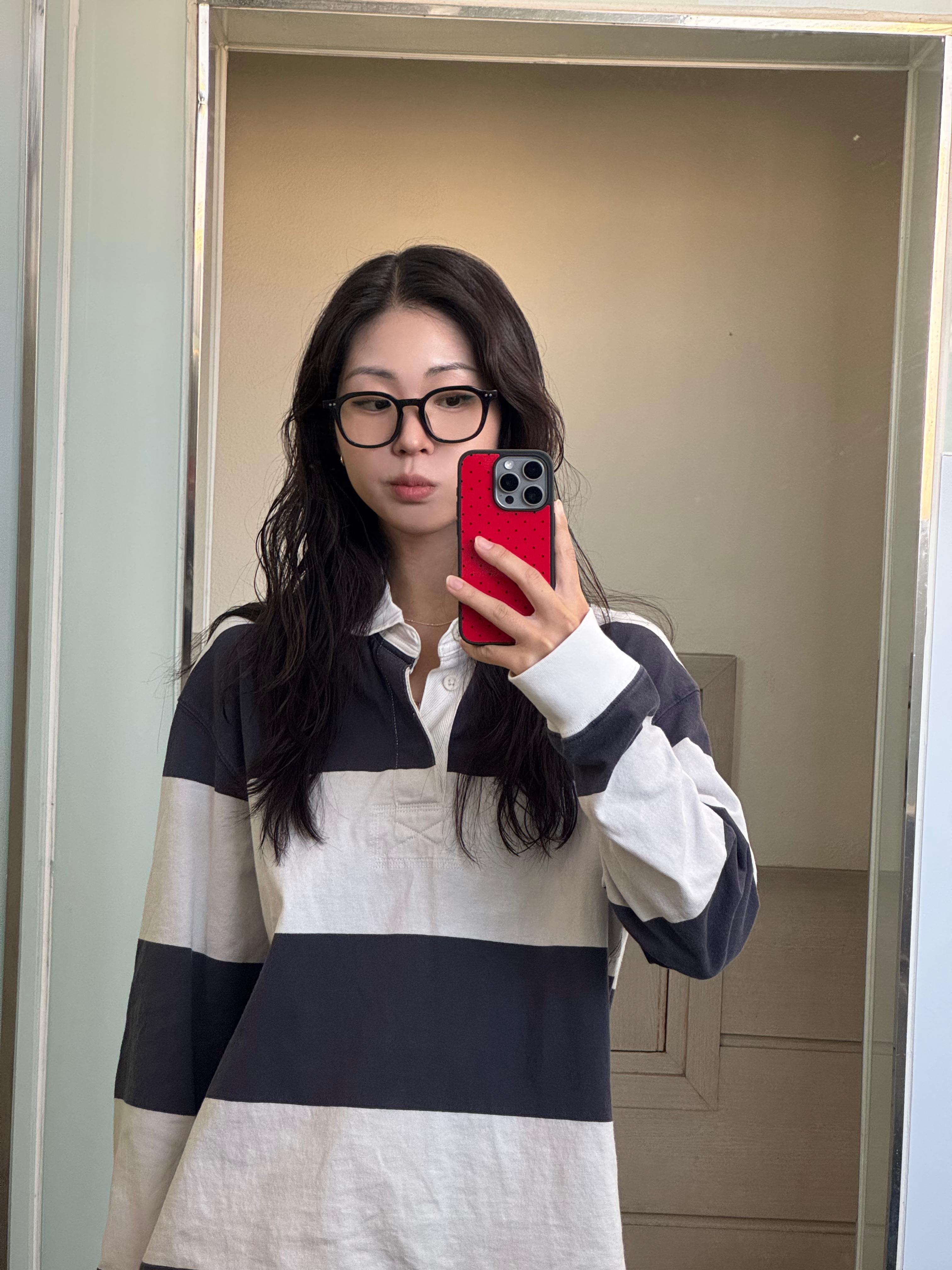 Uniqlo x JW Anderson Oversized Rugger Stripe Polo Shirt Navy - KR 착용 스타일 - 1