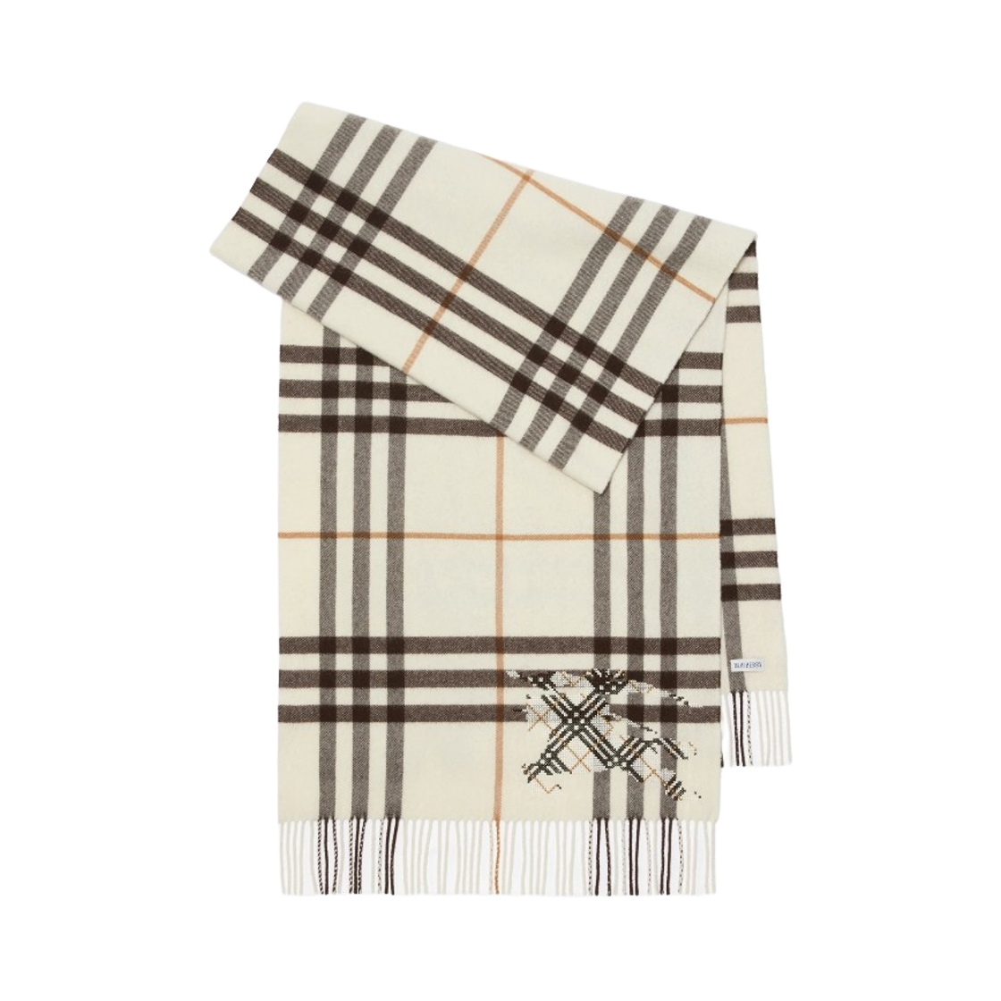 8117676 (W) Burberry Wide Cross Stitch EKD Check Cashmere Muffler Pebble White