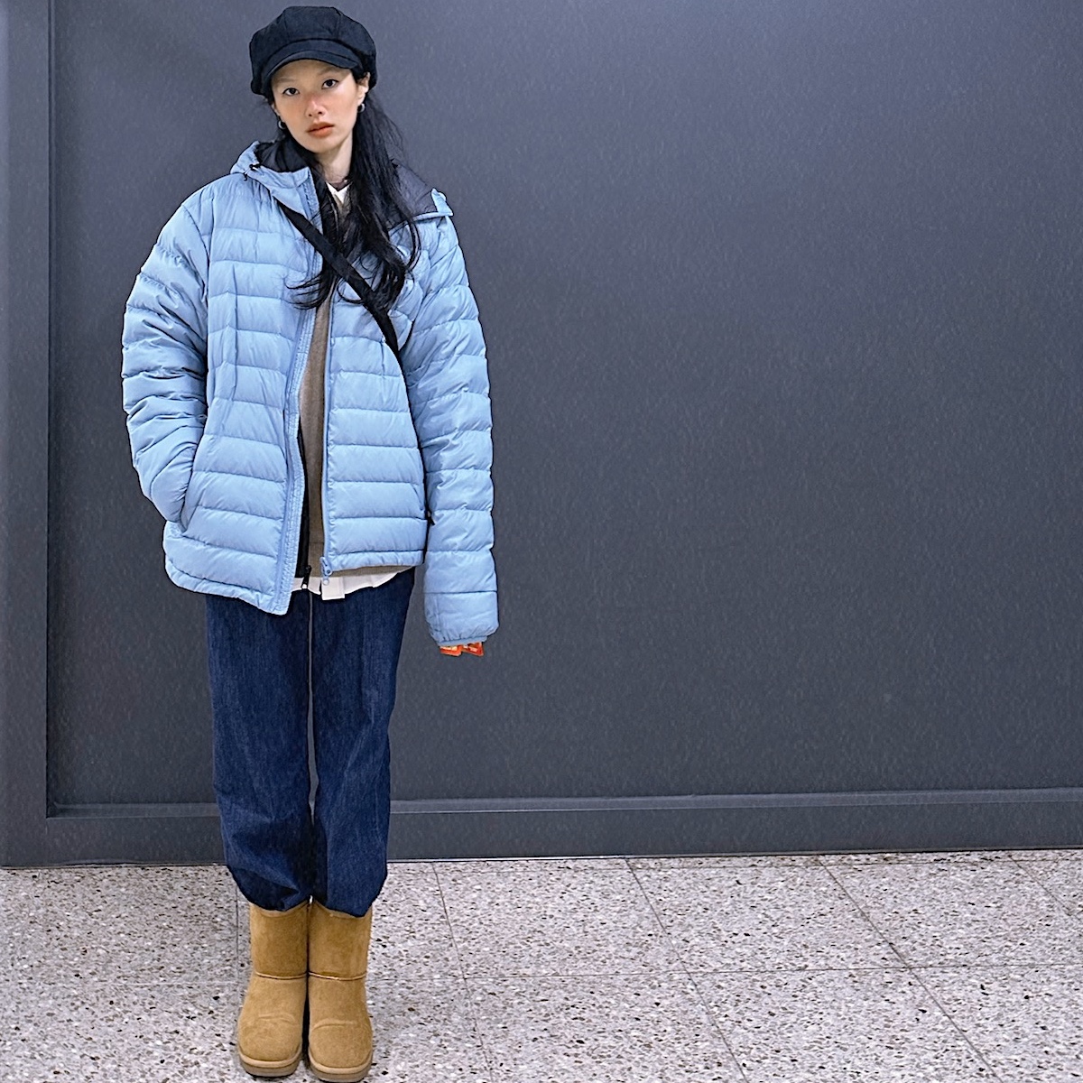 QT8 GARMENTS Duck Down Lightweight Jacket Sky Blue, Dunst Essential Straight Jeans Classic Blue 착용 스타일 - 1