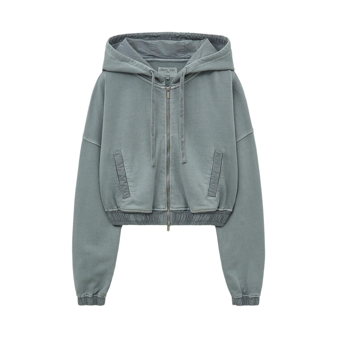 (W) 마뗑킴 백 로고 피그먼트 다이드 크롭 집업 후디 라이트 그레이((W) Matin Kim Back Logo Pigment Dyed Crop Zip Up Hoody In Light Grey)