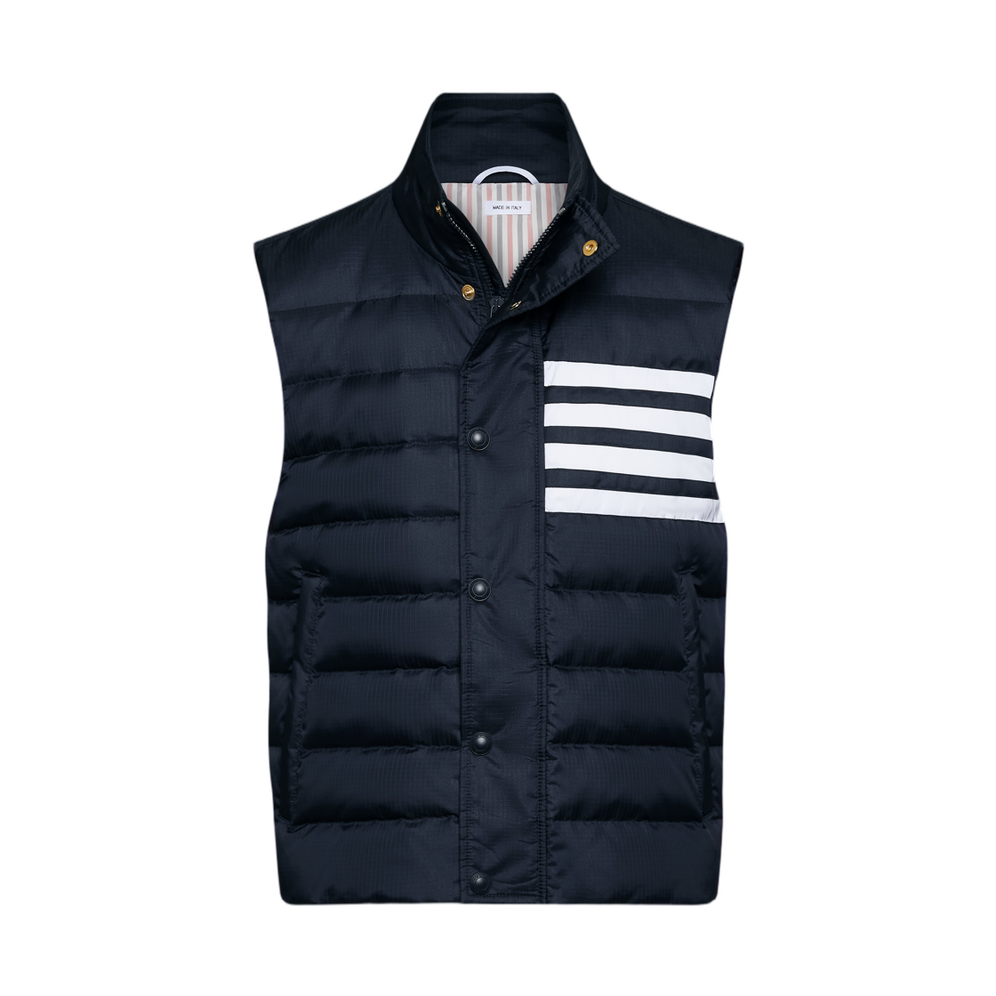 MVD036X-F1095-415 Thom Browne Shiny Ripstop Lightweight Down Filled 4-Bar Vest Navy