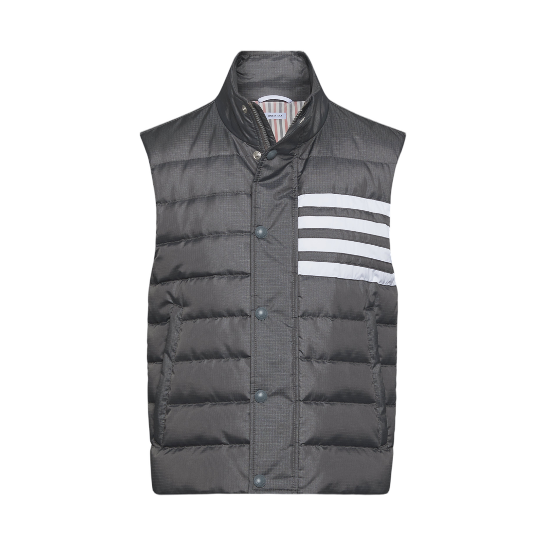 톰브라운 샤이니 립스탑 라이트웨이트 다운 필드 사선 베스트 다크 그레이(Thom Browne Shiny Ripstop Lightweight Down Filled 4-Bar Vest Dark Grey)