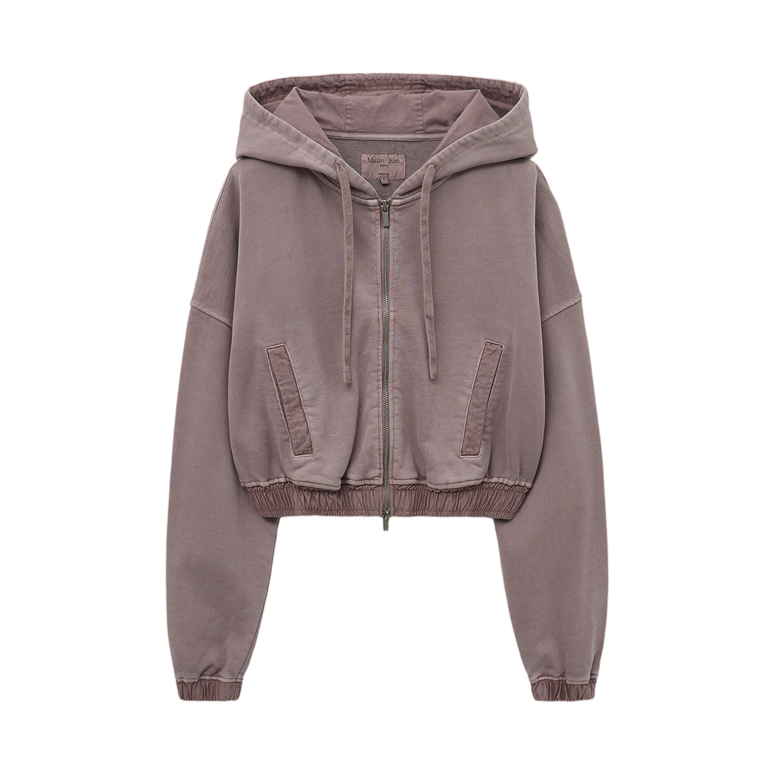 (W) 마뗑킴 백 로고 피그먼트 다이드 크롭 집업 후디 핑크((W) Matin Kim Back Logo Pigment Dyed Crop Zip Up Hoody In Pink)