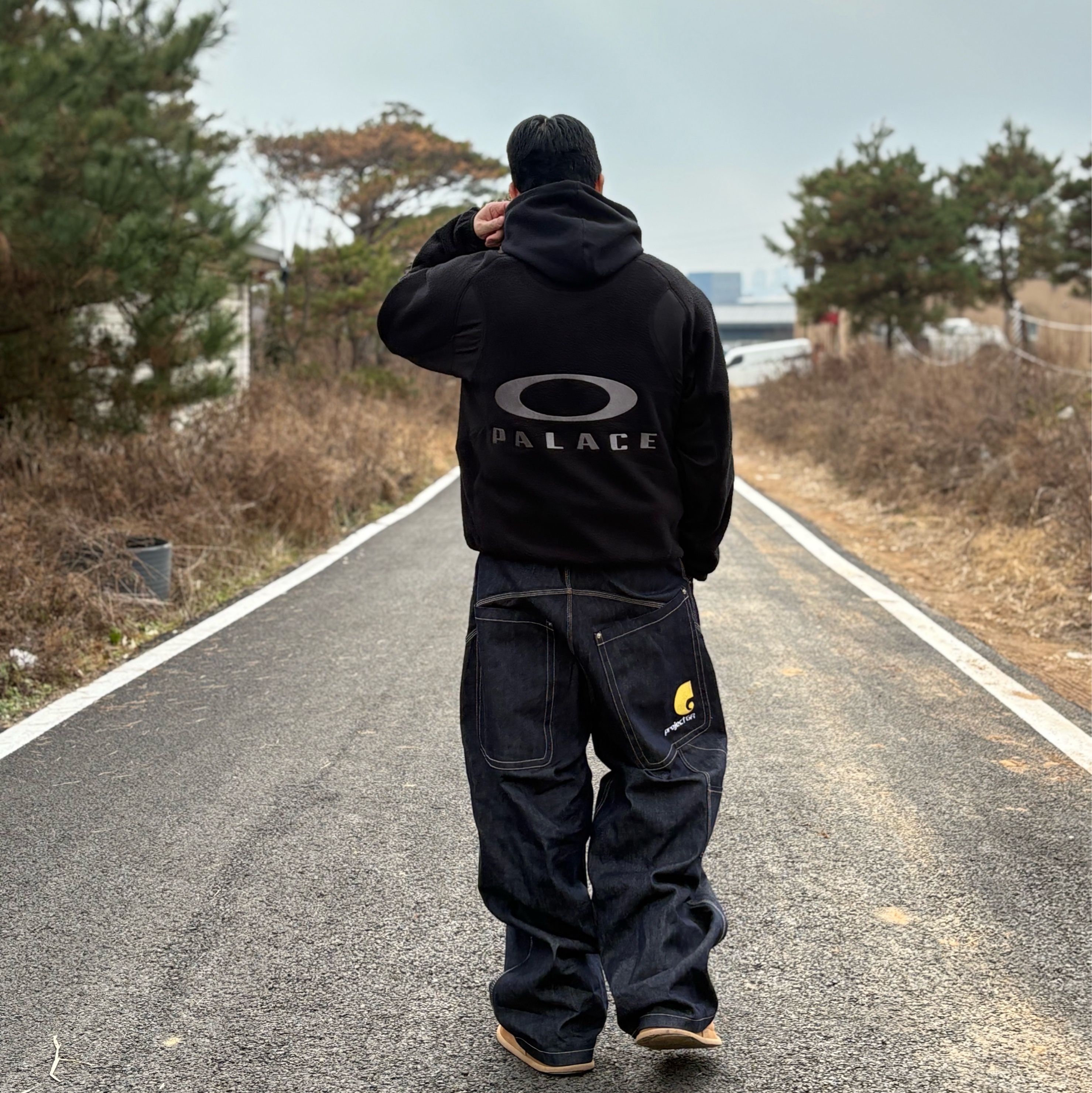 Palace x Oakley Fleece Black - 24FW, Project G/R Retro Baggy Denim Pants Dark Navy 착용 스타일 - 1