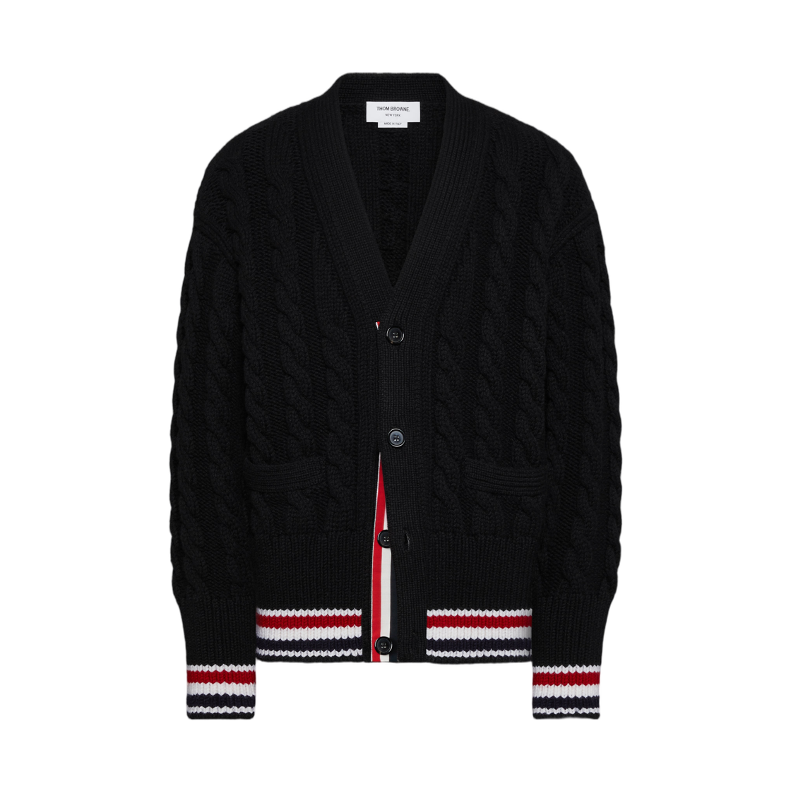 톰브라운 메리노 베이비 케이블 스티치 RWB 스트라이프 가디건 블랙(Thom Browne Merino Baby Cable Stitch RWB Stripe Cardigan Black) - 1