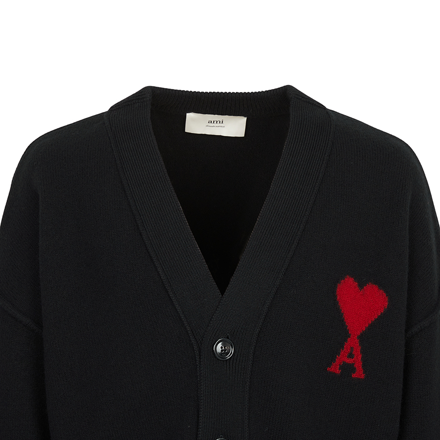 [17% 쿠폰] 아미 빅 하트 로고 펠트 메리노 울 가디건 블랙 레드([17% 쿠폰] AMI de Coeur Felted Merino Wool Cardigan Black Red) - 4