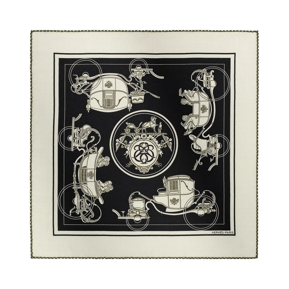 에르메스 엑스-리브리 스카프 45 블랑 누아 카키(Hermes Ex-Libris Scarf 45 Blanc Noir Kaki) - 1