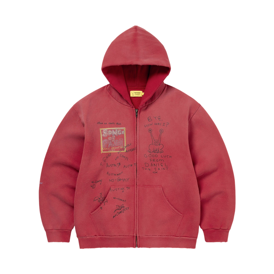 디스이즈네버댓 x 다니엘 존스턴 송즈 오브 페인 페이디드 집업 후드 레드(Thisisneverthat x Daniel Johnston Songs of Pain Faded Zip Up Hoodie Red)