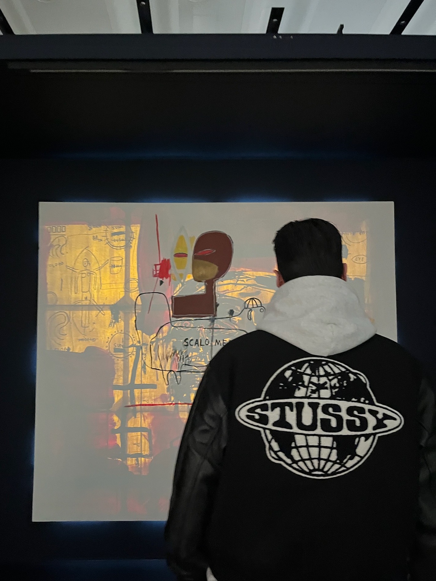 Stussy Globe Varsity Jacket Black, Jordan 5 x Off-White Retro SP Black Muslin 착용 스타일 - 1