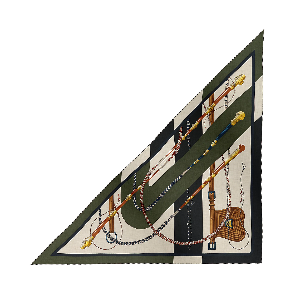 H361662S07 (W) Hermes Clic Clac Triangle Cashmere Silk Scarf Kaki Naturel Noir