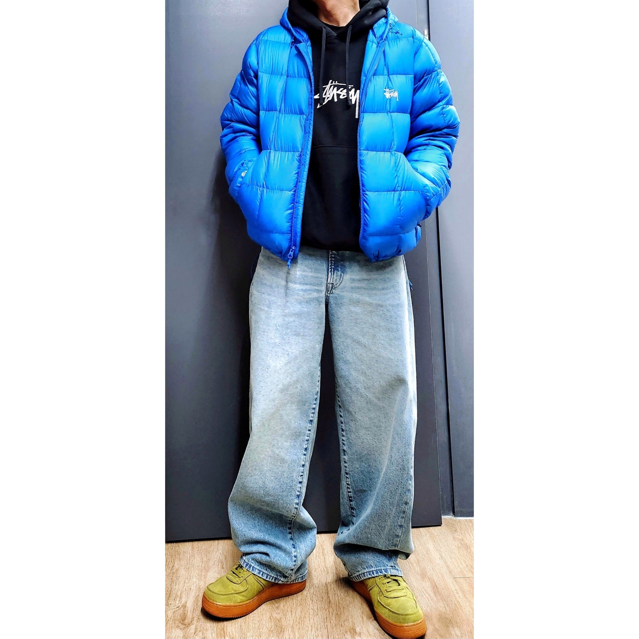 Stussy Midweight Hooded Puffer Blue, Stussy Stock Logo Applique Hoodie Black 착용 스타일 - 1