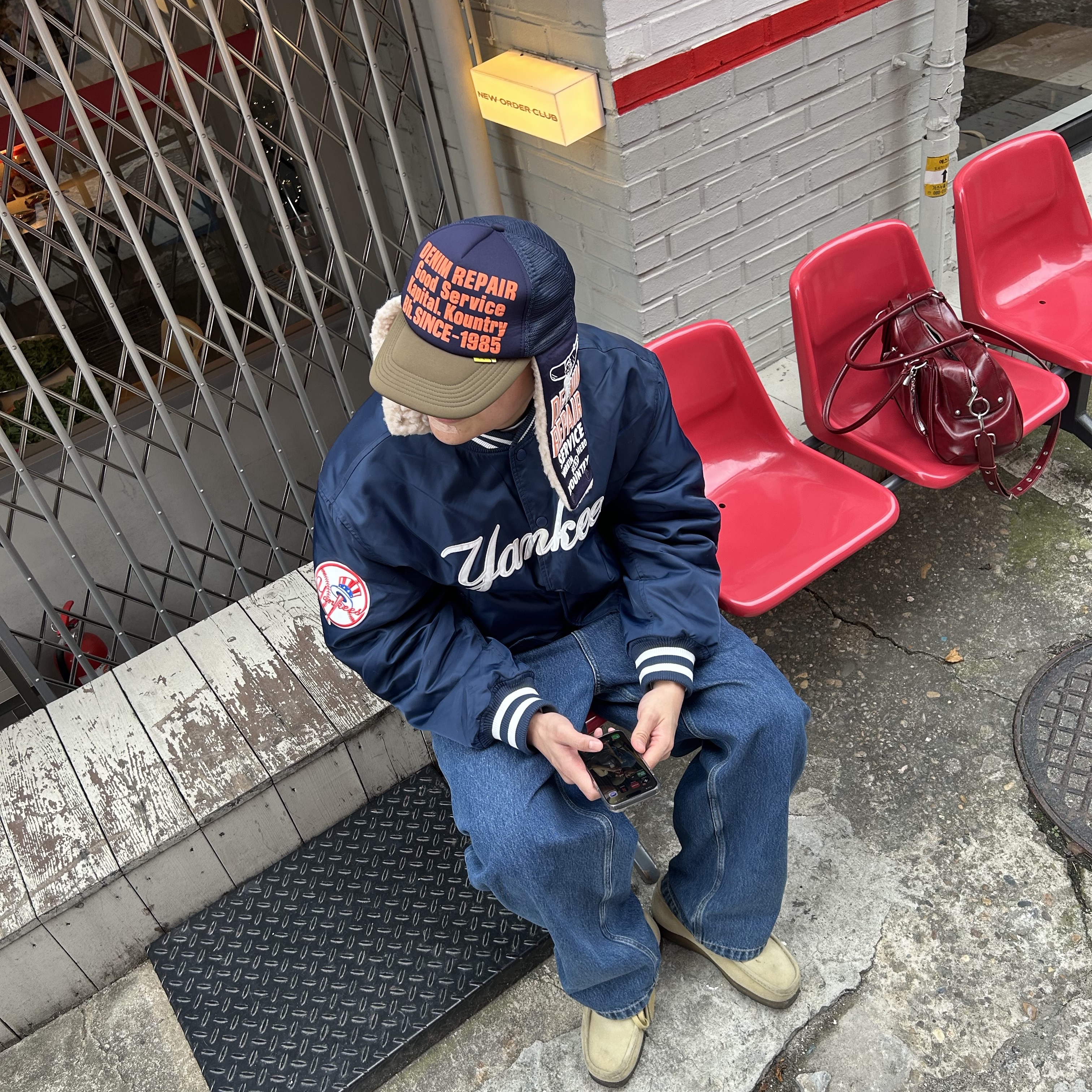 Kapital Denim Repair Service Lumber Truck Cap Navy Khaki 착용 스타일 - 1