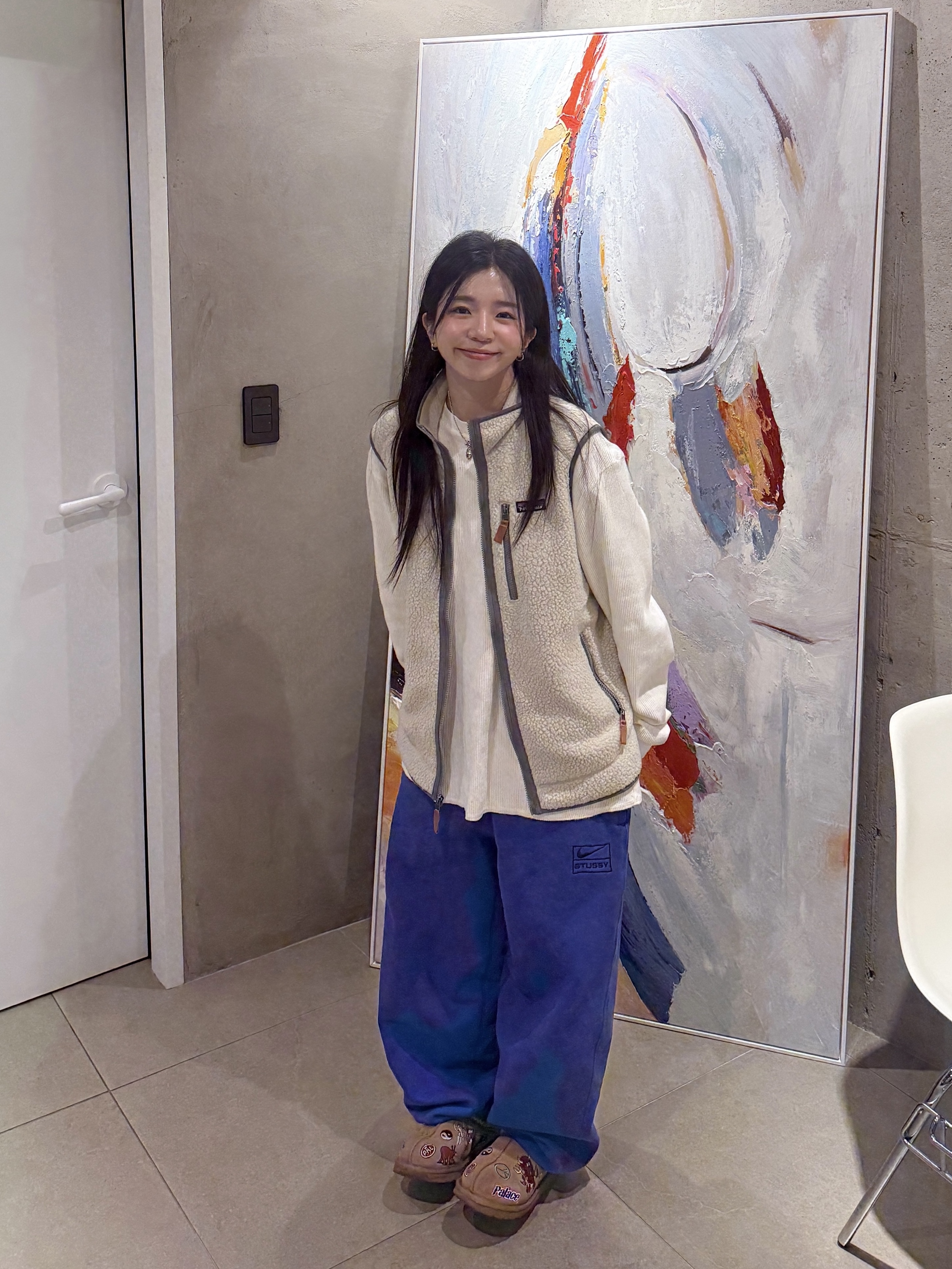 Patagonia Retro Pile Fleece Vest Pelican, Nike x Stussy NRG Acid Washed Fleece Pants Game Royal (DR4025-480) 착용 스타일