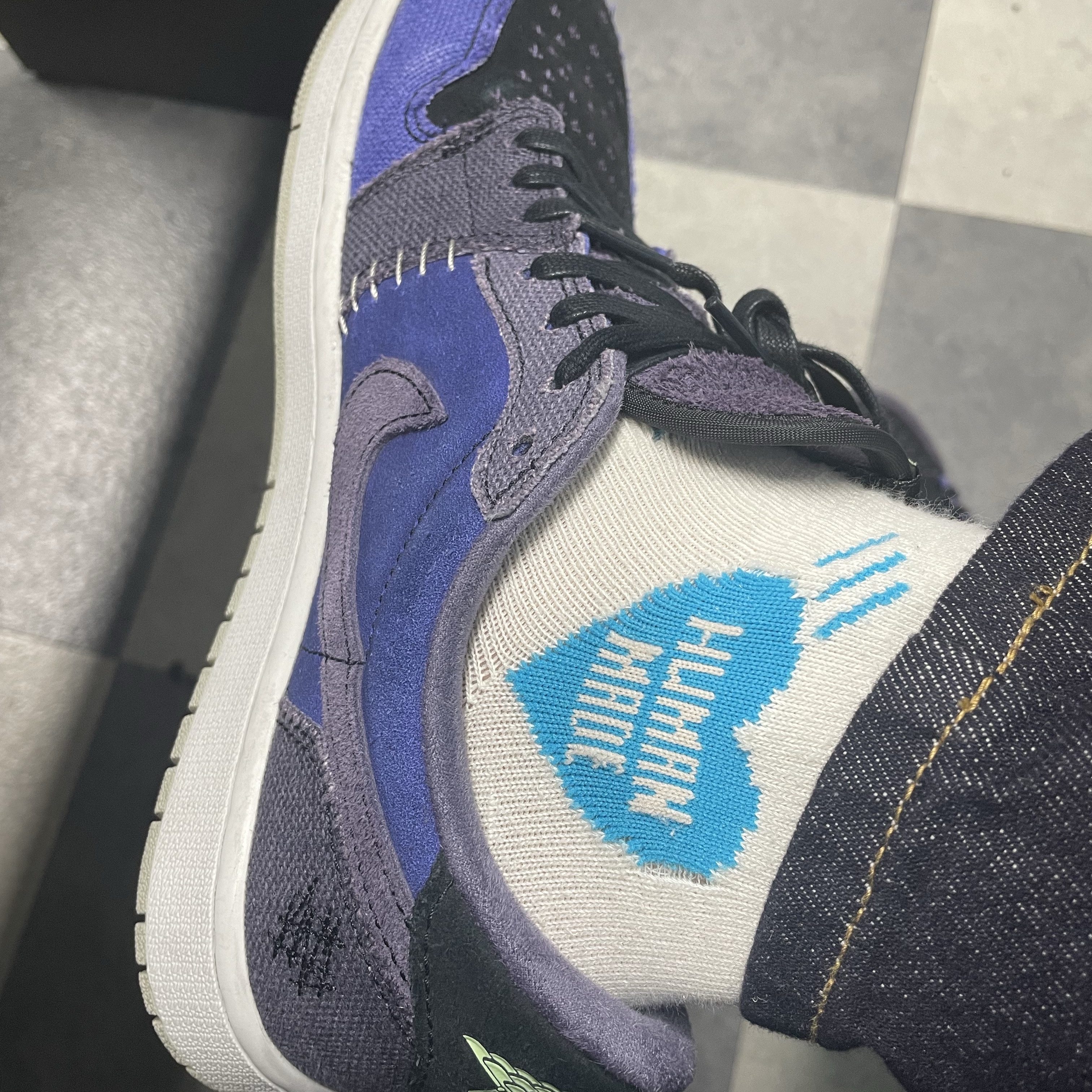Human Made Heart Short Socks Blue, Jordan 1 x Zion Williamson Retro Low OG Regency Purple and Dark Raisin 착용 스타일