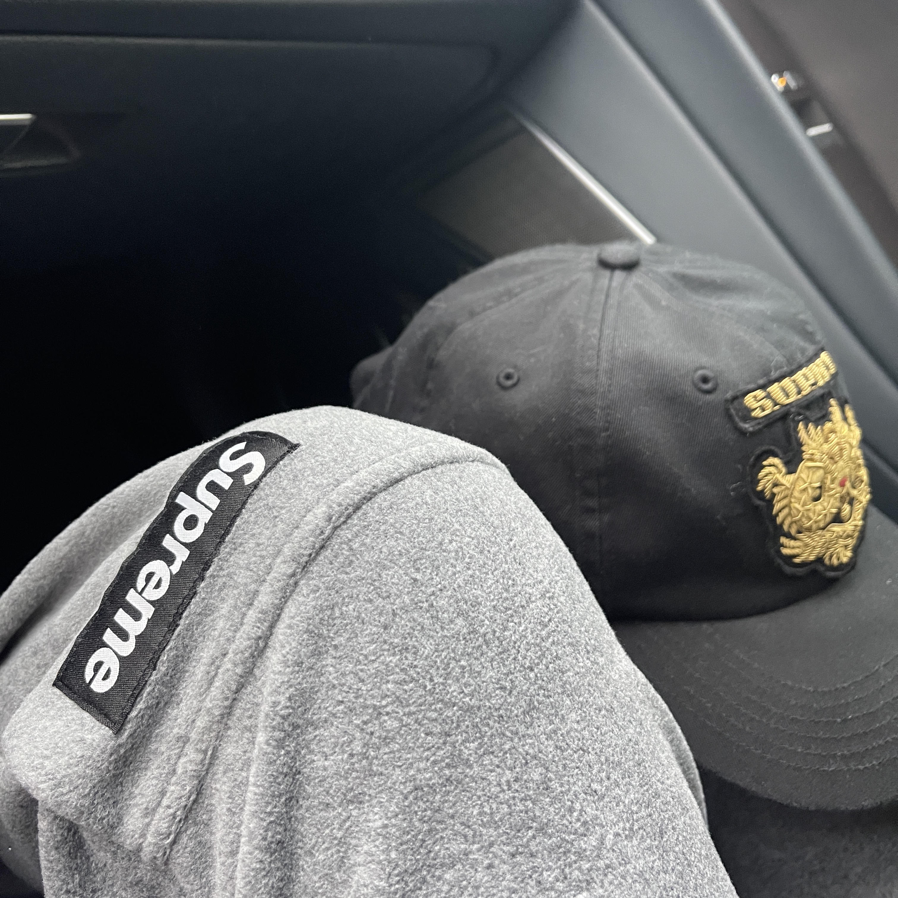 Supreme Polartec Pant Grey - 25FW, Supreme Bullion Dragon 6-Panel Black - 25SS 착용 스타일