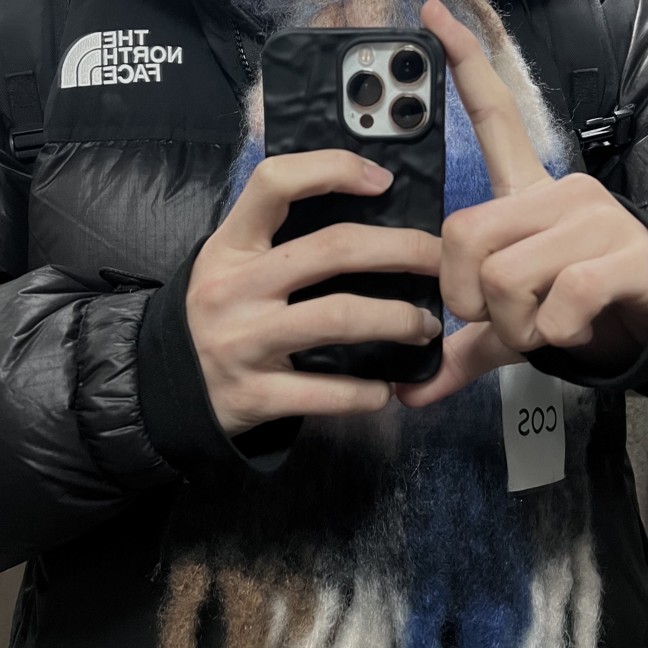 The North Face White Label Novelty Nuptse RDS Down Jacket Black, COS Oversized Mohair Blend Muffler Blue Brown Checked 착용 스타일 - 1