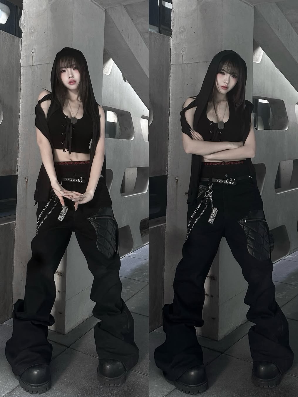 emostanceclub Leather Patch Flared Jeans Black 착용 스타일