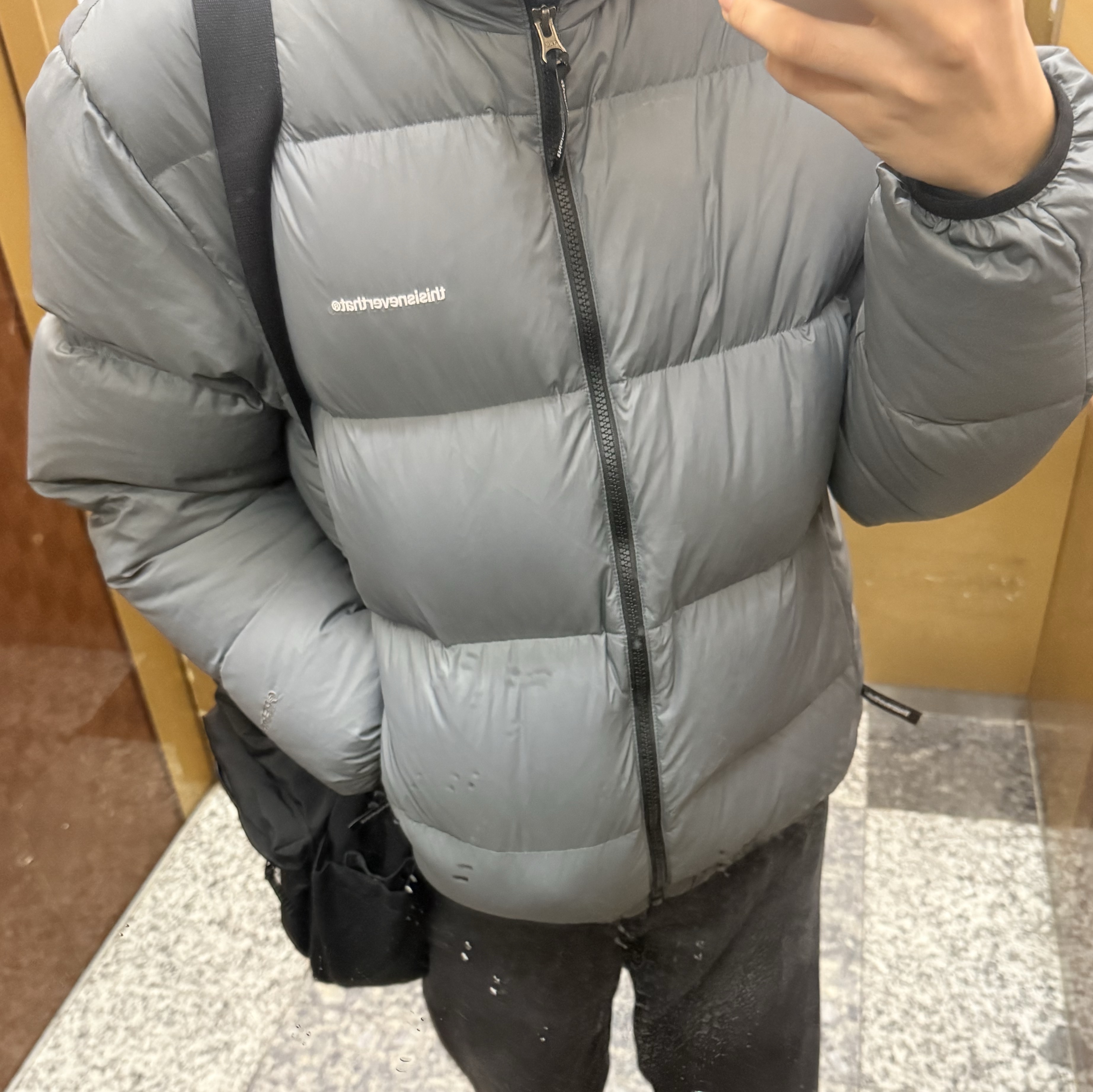 Thisisneverthat Pertex T Down Jacket Grey 착용 스타일
