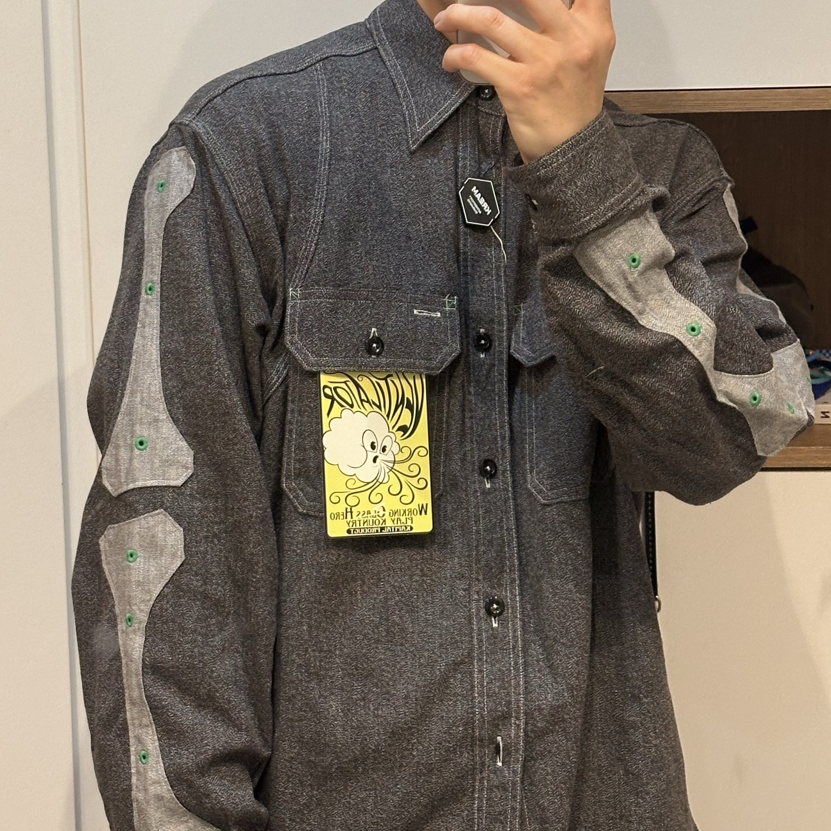 Kapital Heather Chambray 2 Tone Bone Patch Ventilator Work Shirt Charcoal 착용 스타일 - 1
