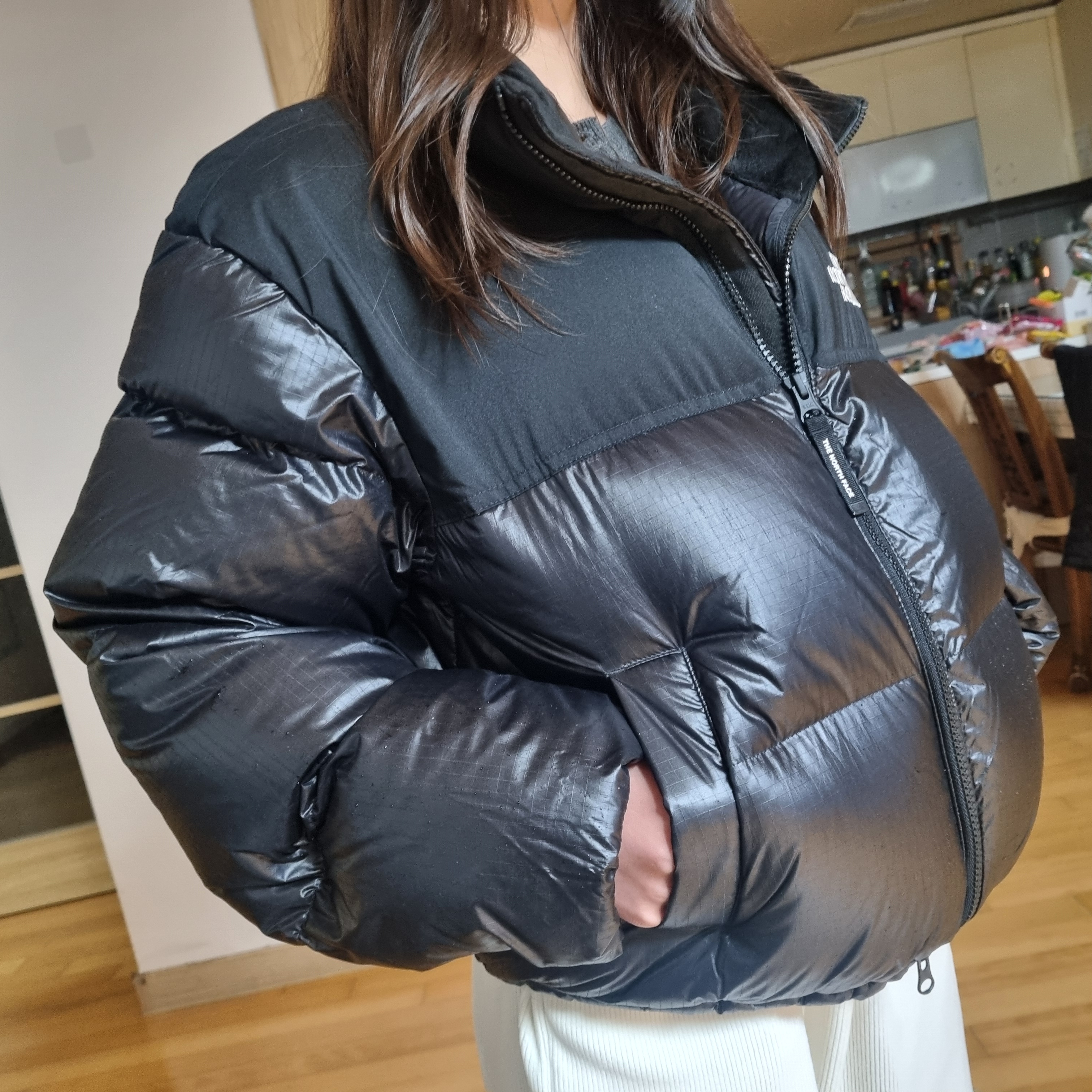 (W) The North Face White Label Novelty Nuptse Down Jacket Black 착용 스타일 - 4