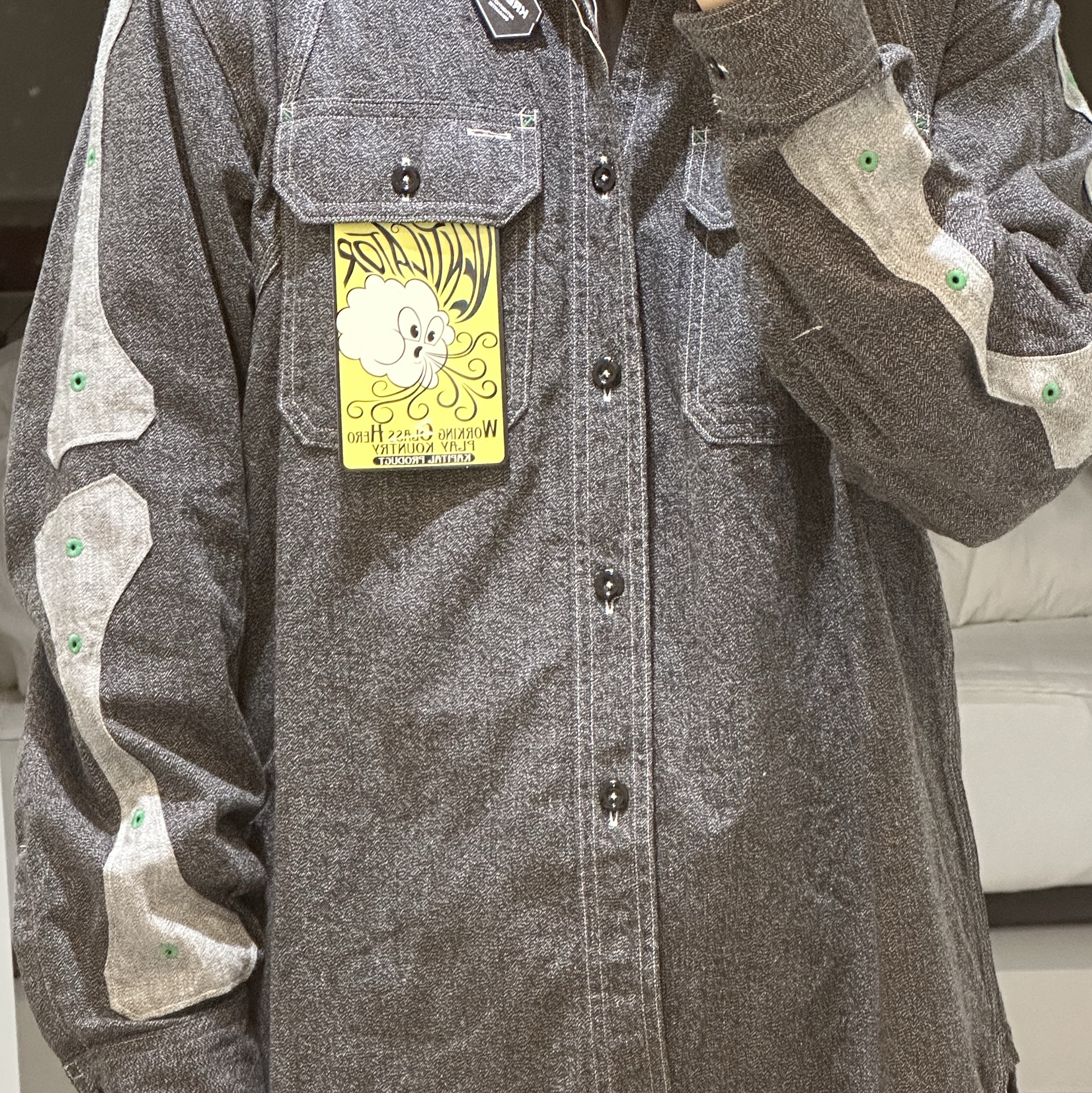 Kapital Heather Chambray 2 Tone Bone Patch Ventilator Work Shirt Charcoal 착용 스타일 - 2