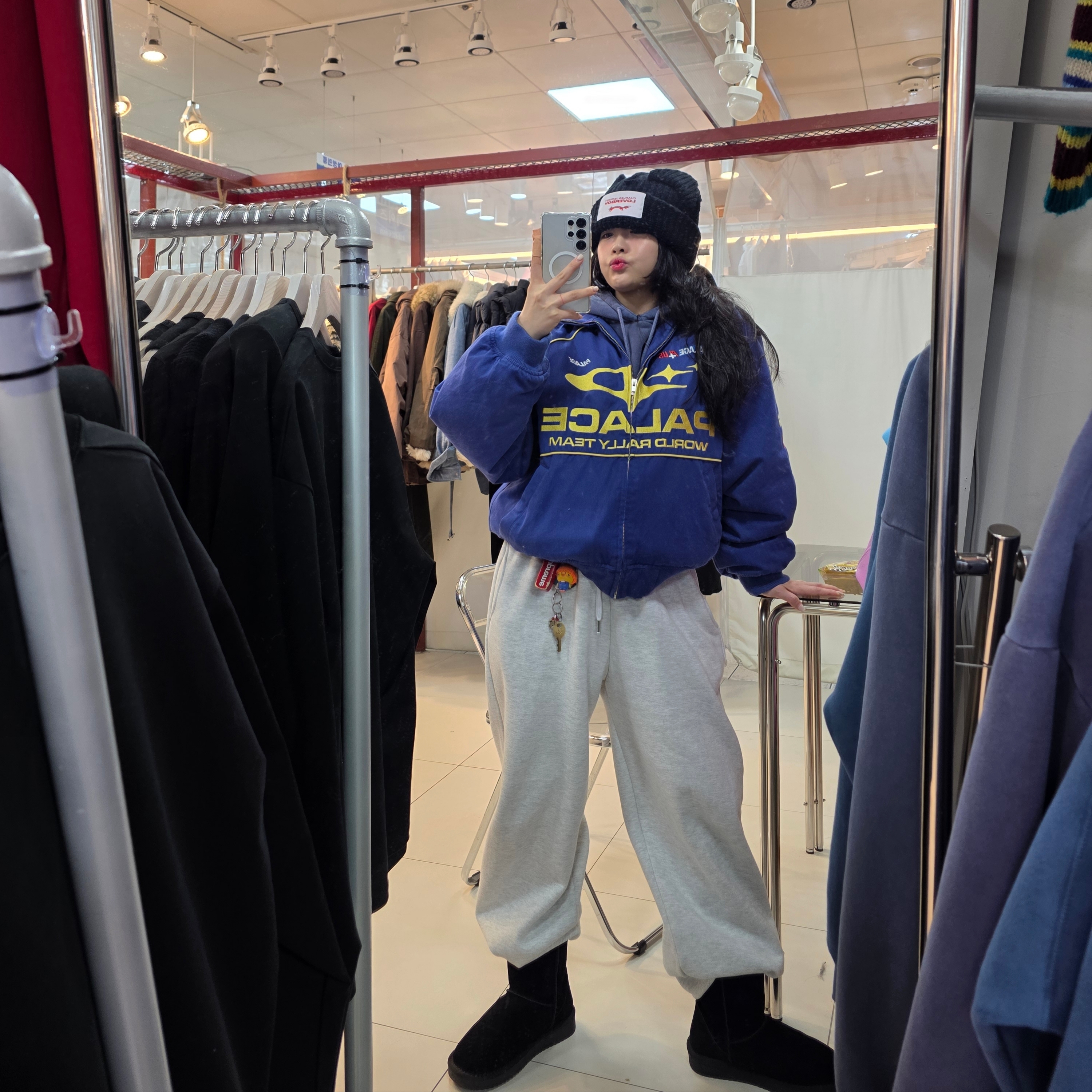 Palace Pally Rally Jacket Blue - 24FW, Charles Jeffrey Loverboy Chunky Ears Beanie Black 착용 스타일