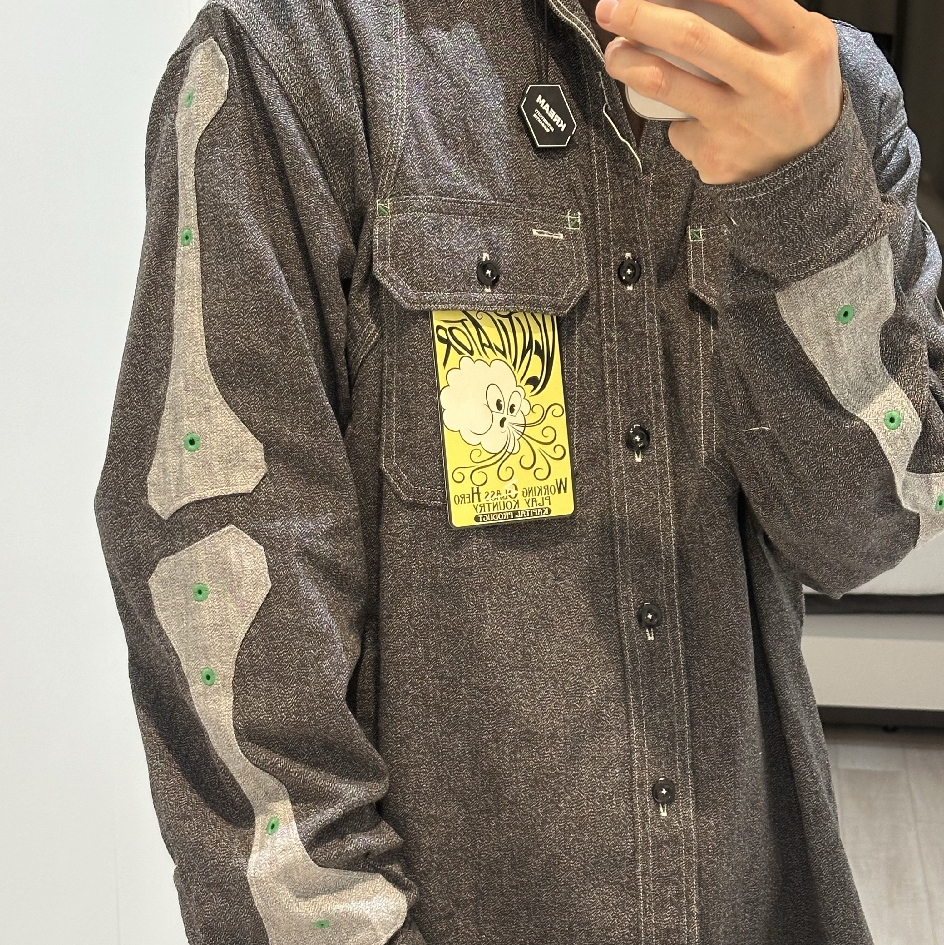 Kapital Heather Chambray 2 Tone Bone Patch Ventilator Work Shirt Charcoal 착용 스타일 - 3