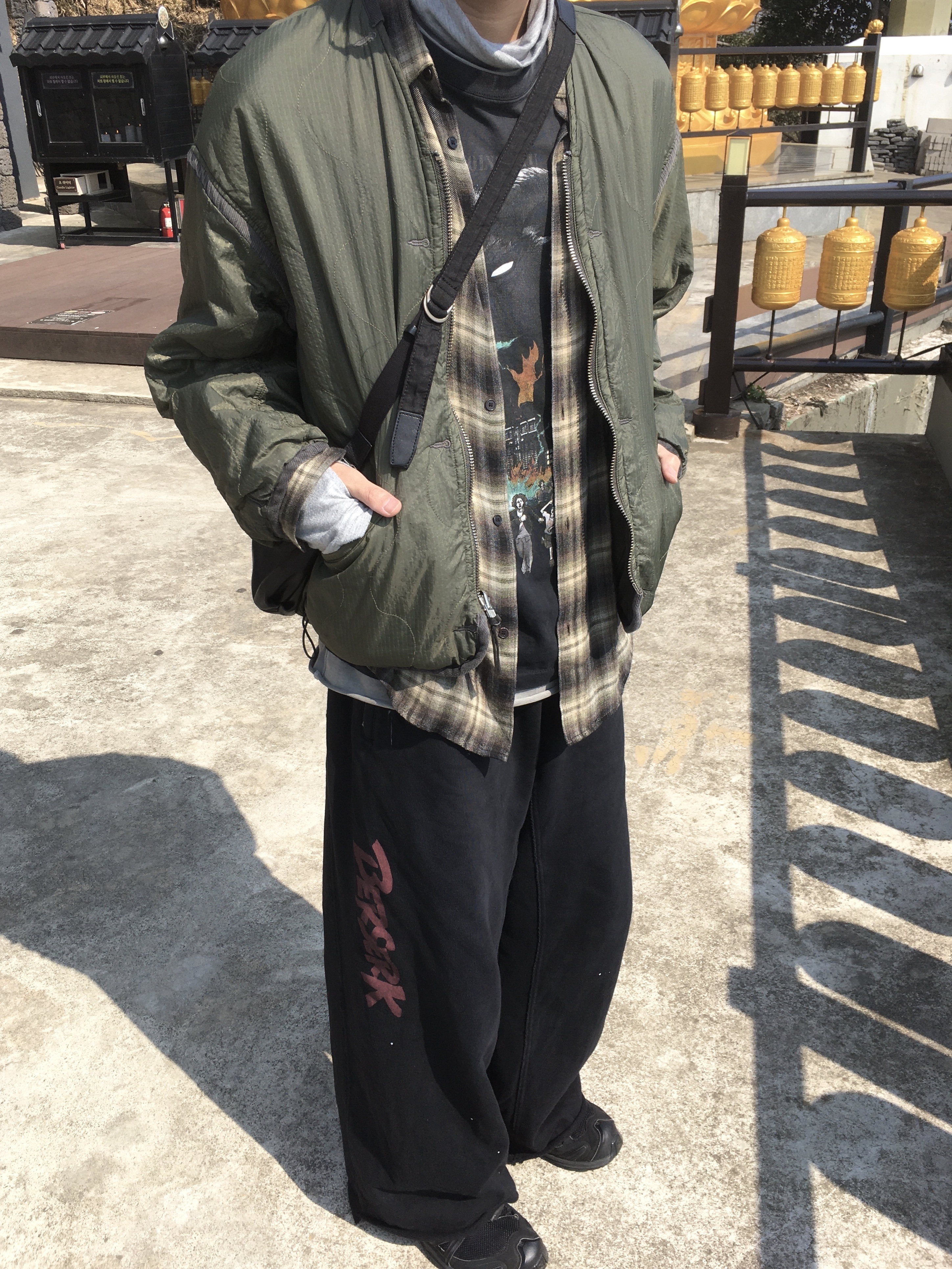 Polyteru Reversible Liner Jacket Used Olive + Quilted Green, Polyteru Turtle Neck Sleeve Melange Gray 착용 스타일