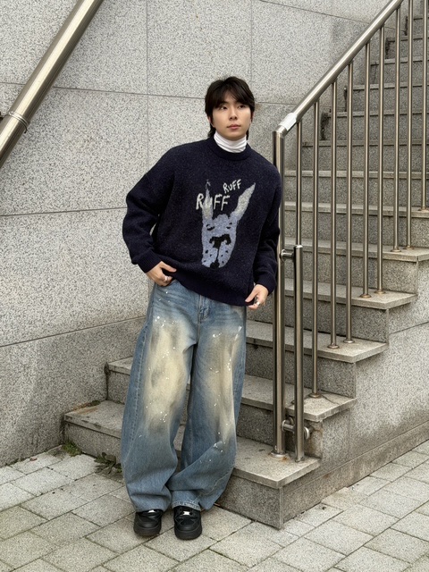 noun Wide Curved Denim Pants Painting Blue, Nike Air Force 1 '07 Low Triple Black 착용 스타일 - 1