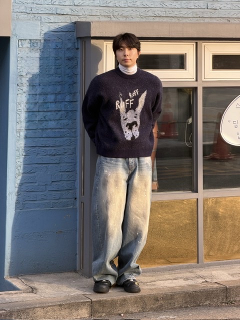 noun Wide Curved Denim Pants Painting Blue, Nike Air Force 1 '07 Low Triple Black 착용 스타일 - 4