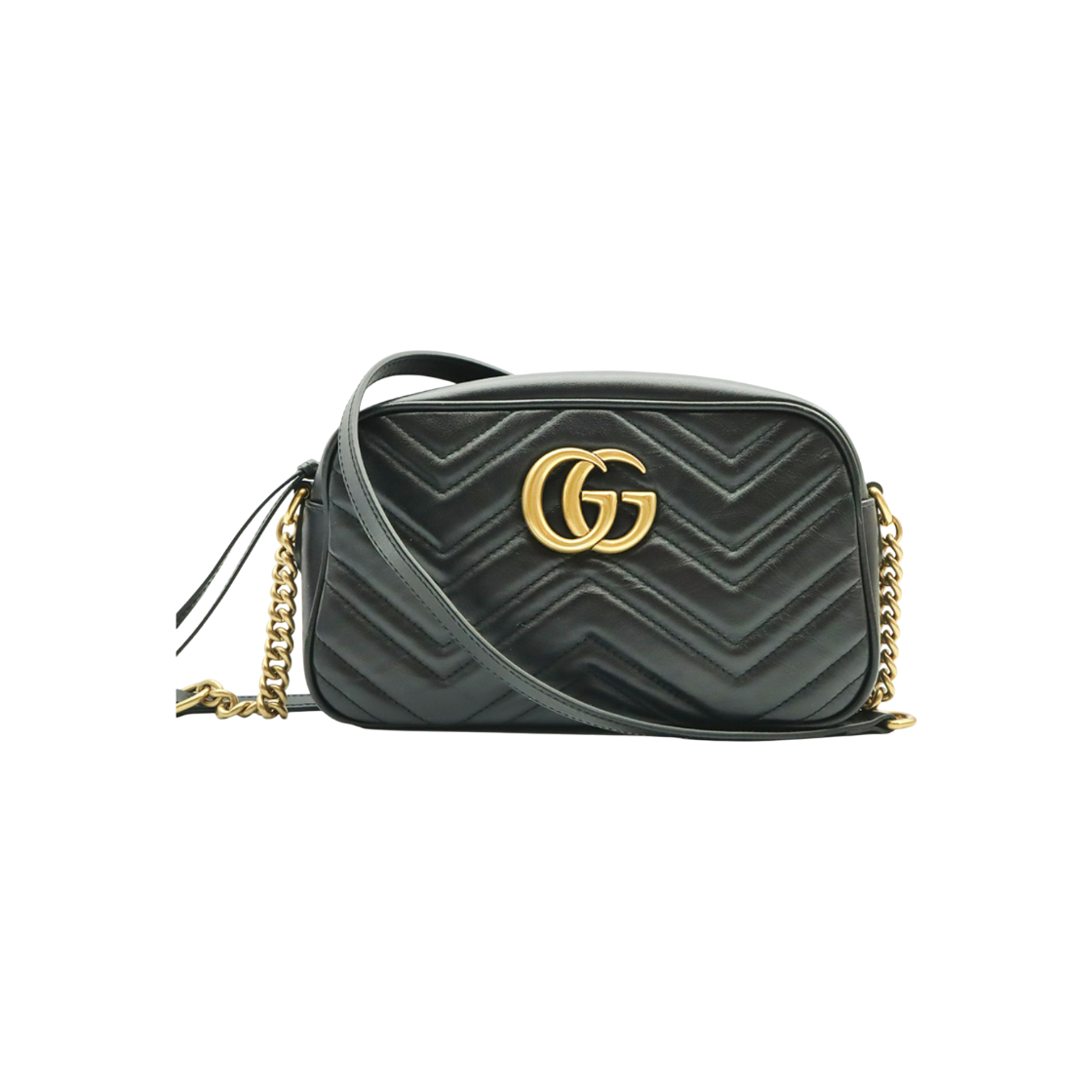 ITC43MJL7IV3 Gucci GG Marmont Small Chain Shoulder Bag in Black Matelasse Chevron with Gold Hardware