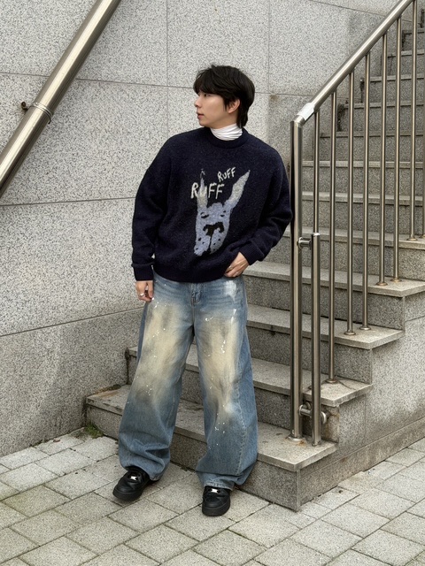 noun Wide Curved Denim Pants Painting Blue, Nike Air Force 1 '07 Low Triple Black 착용 스타일 - 2