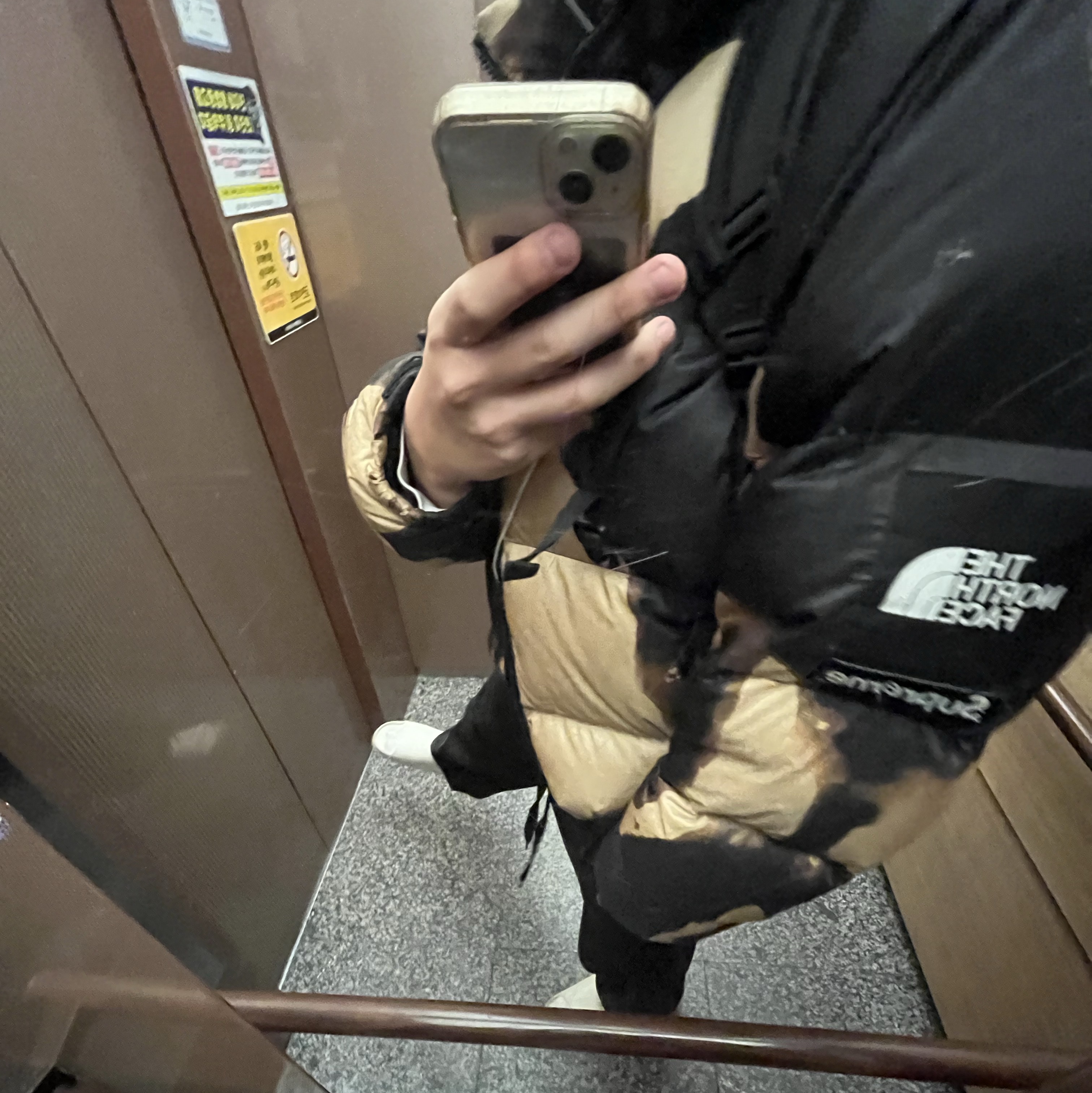 Supreme x The North Face Bleached Denim Print Nuptse Jacket Black - 21FW 착용 스타일