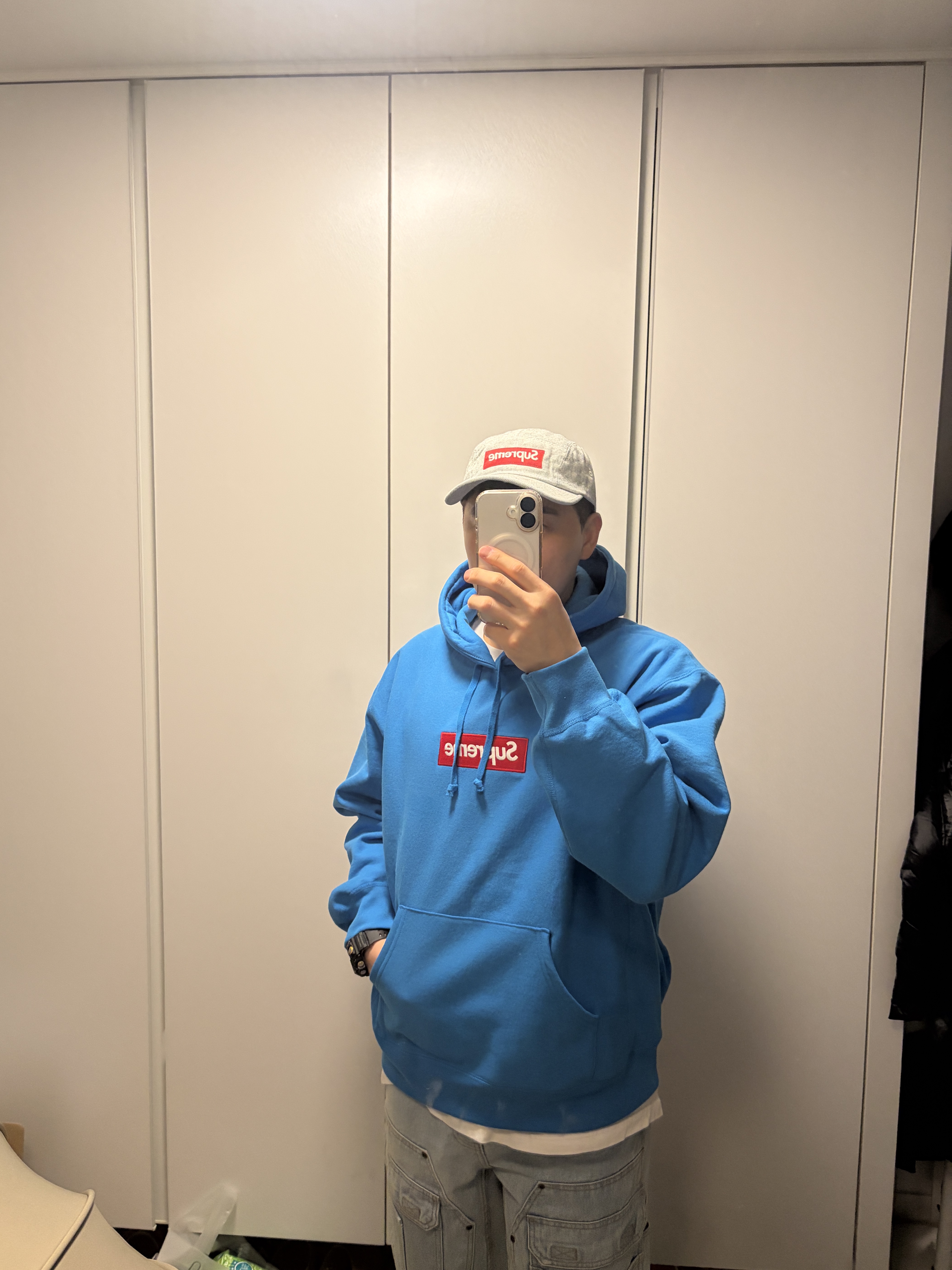 Supreme Box Logo Hooded Sweatshirt Cyan - 25FW 착용 스타일