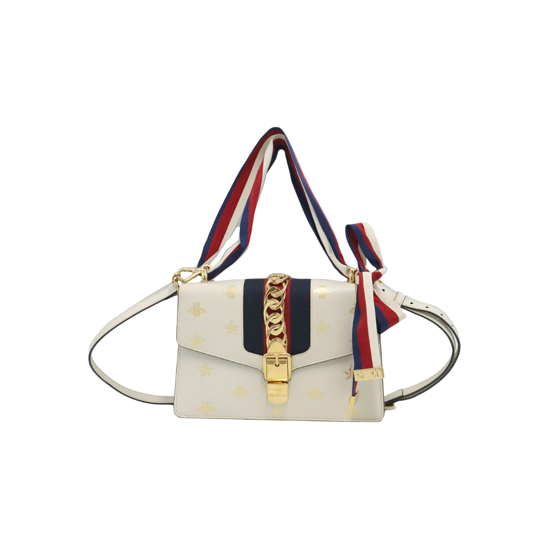 ITIKHBBNDL7H Gucci White Leather WEB-Embellished Gold Hardware Silvi Vista Top Handle 2-Way Bag