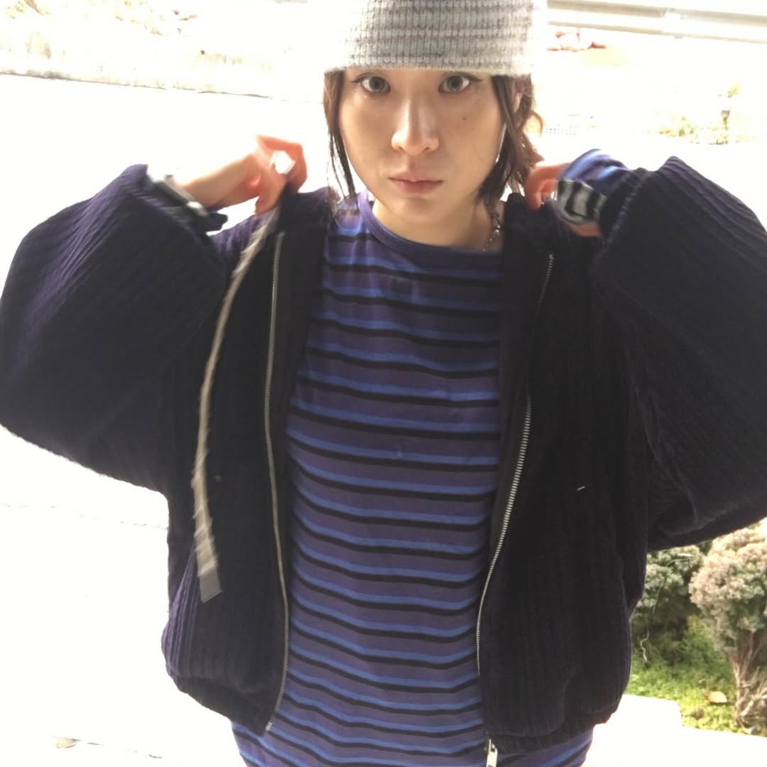 SOMSOC Heidi Stripe Long Sleeve Purple, SOMSOC Brynn Corduroy Hood Zip-Up Navy 착용 스타일