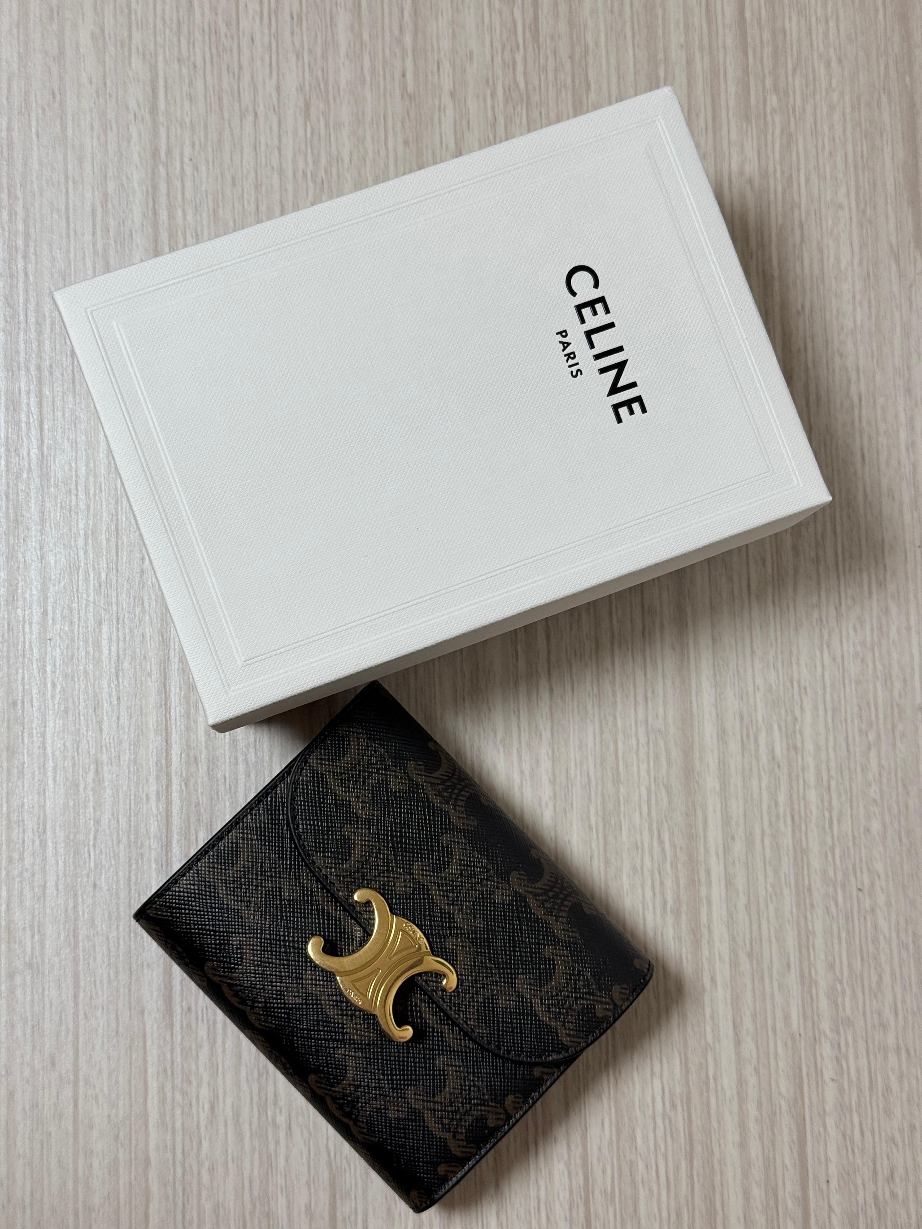 Celine Small Wallet Triomphe in Triomphe Canvas Tan 착용 스타일