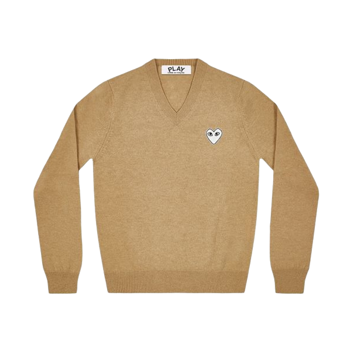 플레이 꼼데가르송 화이트 하트 브이넥 스웨터 카멜(Play Comme des Garcons White Heart V-Neck Sweater Camel) - 1